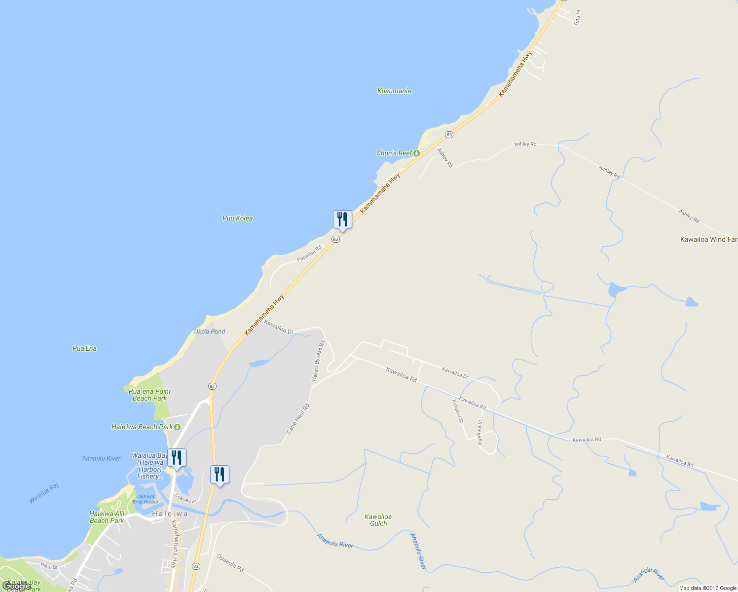map of restaurants, bars, coffee shops, grocery stores, and more near 62-196 Kawailoa Drive in Haleiwa