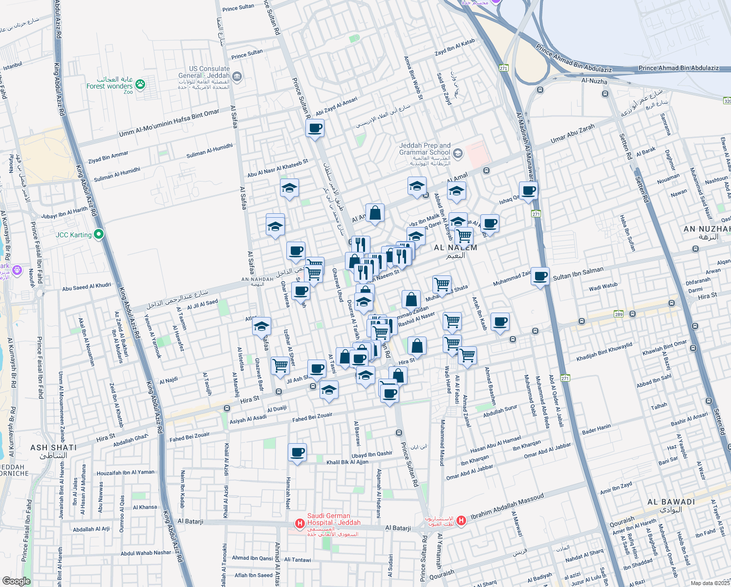 map of restaurants, bars, coffee shops, grocery stores, and more near Prince Sultan Road in Jeddah