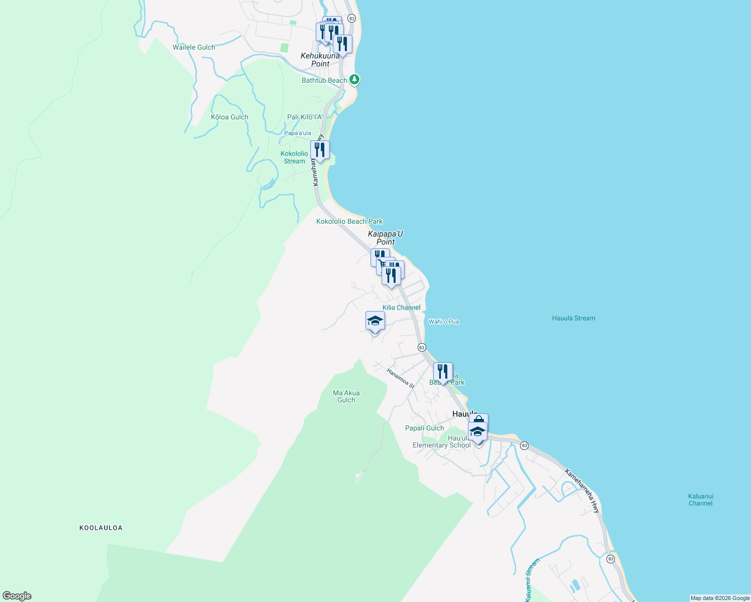 map of restaurants, bars, coffee shops, grocery stores, and more near 54-154 Kawaikini Street in Hauula
