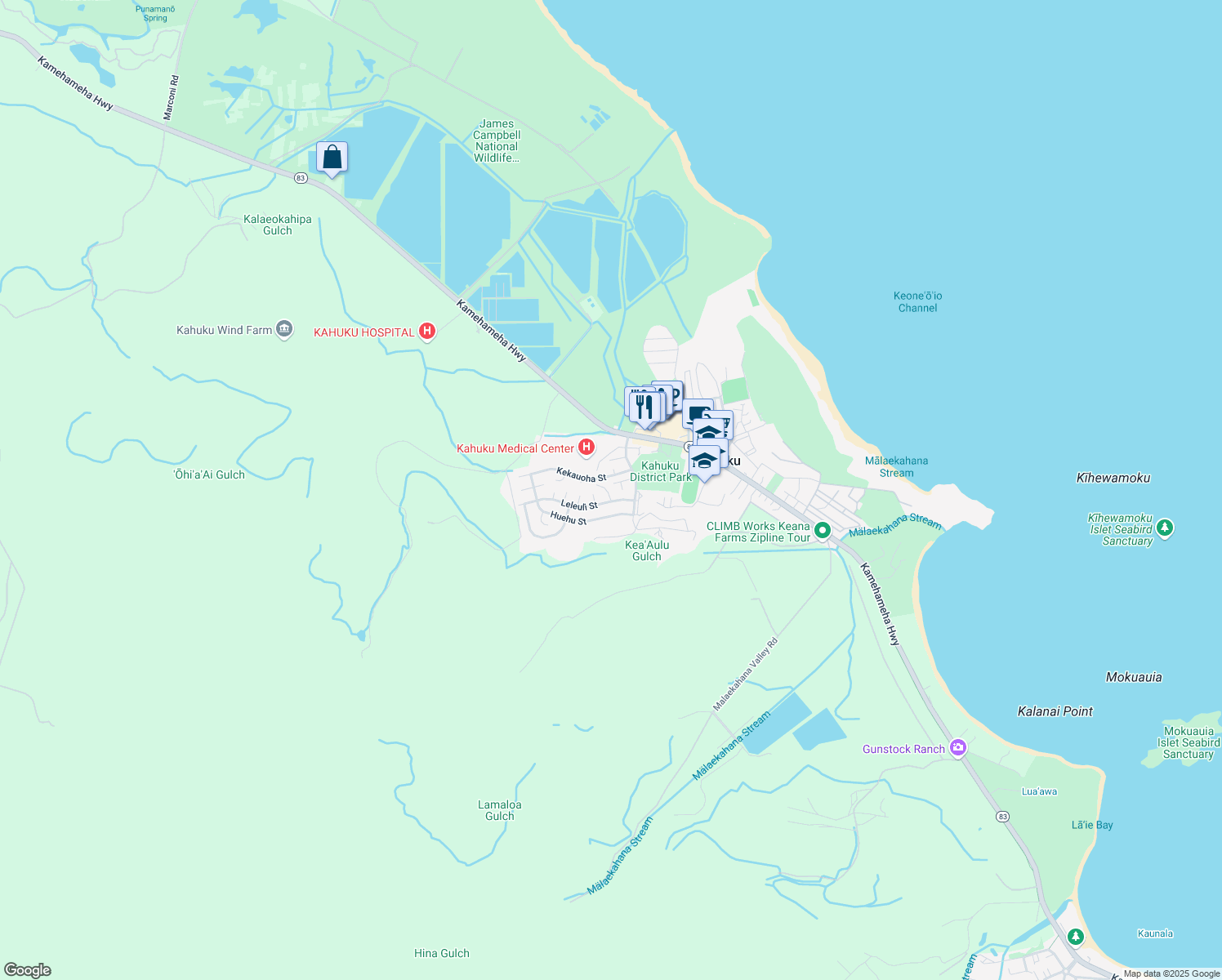 map of restaurants, bars, coffee shops, grocery stores, and more near 56-273 Maunuunu Place in Kahuku