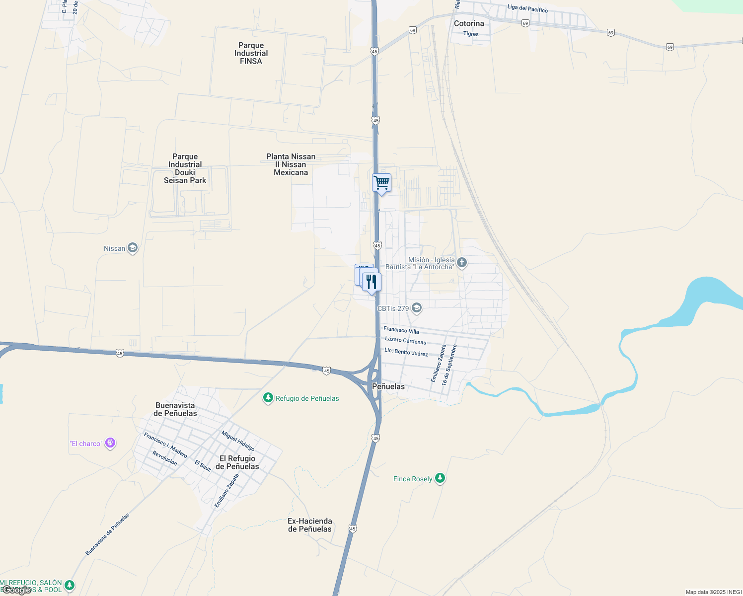 map of restaurants, bars, coffee shops, grocery stores, and more near KM. 112 Carretera Federal 45 in Aguascalientes
