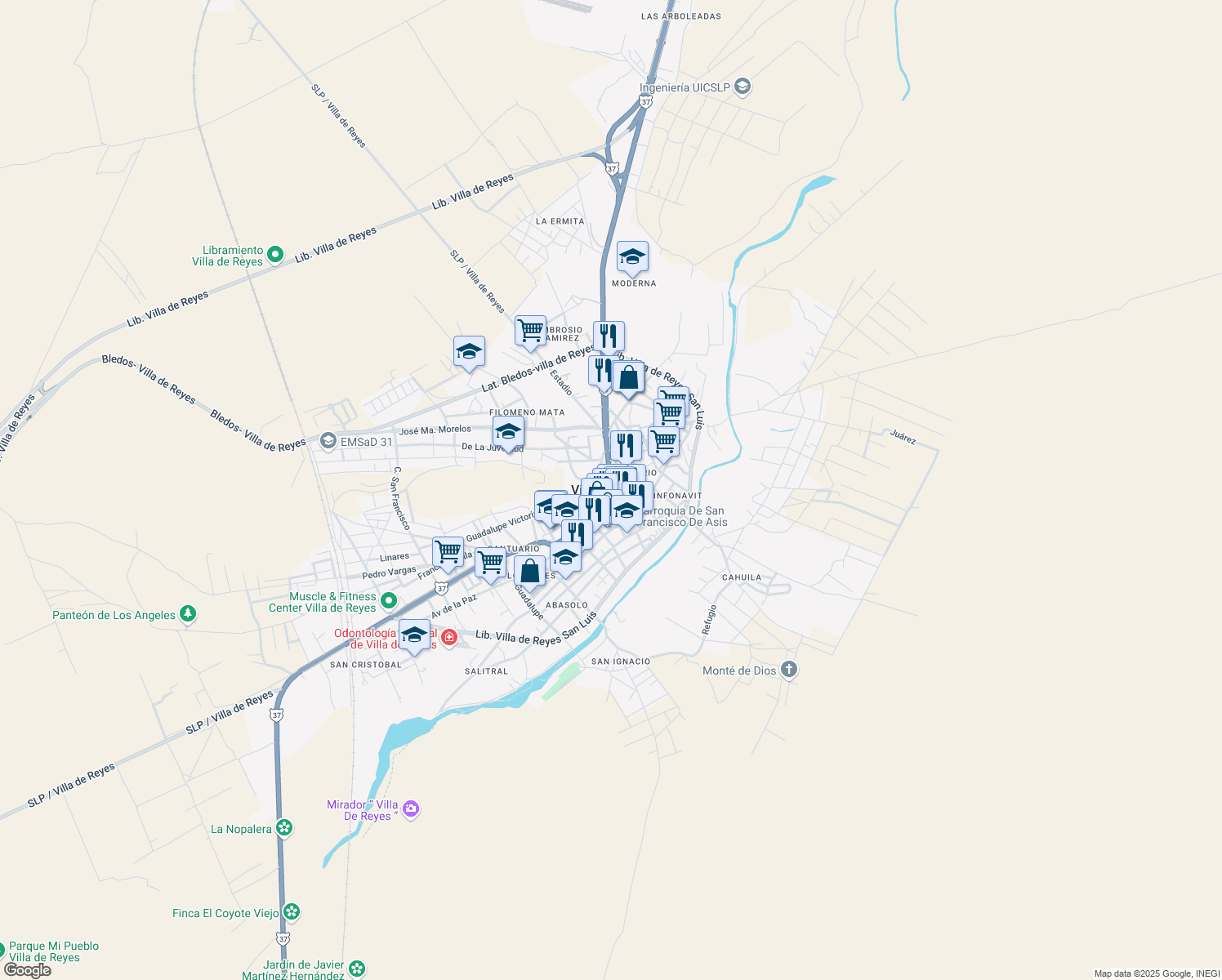 map of restaurants, bars, coffee shops, grocery stores, and more near in Villa de Reyes