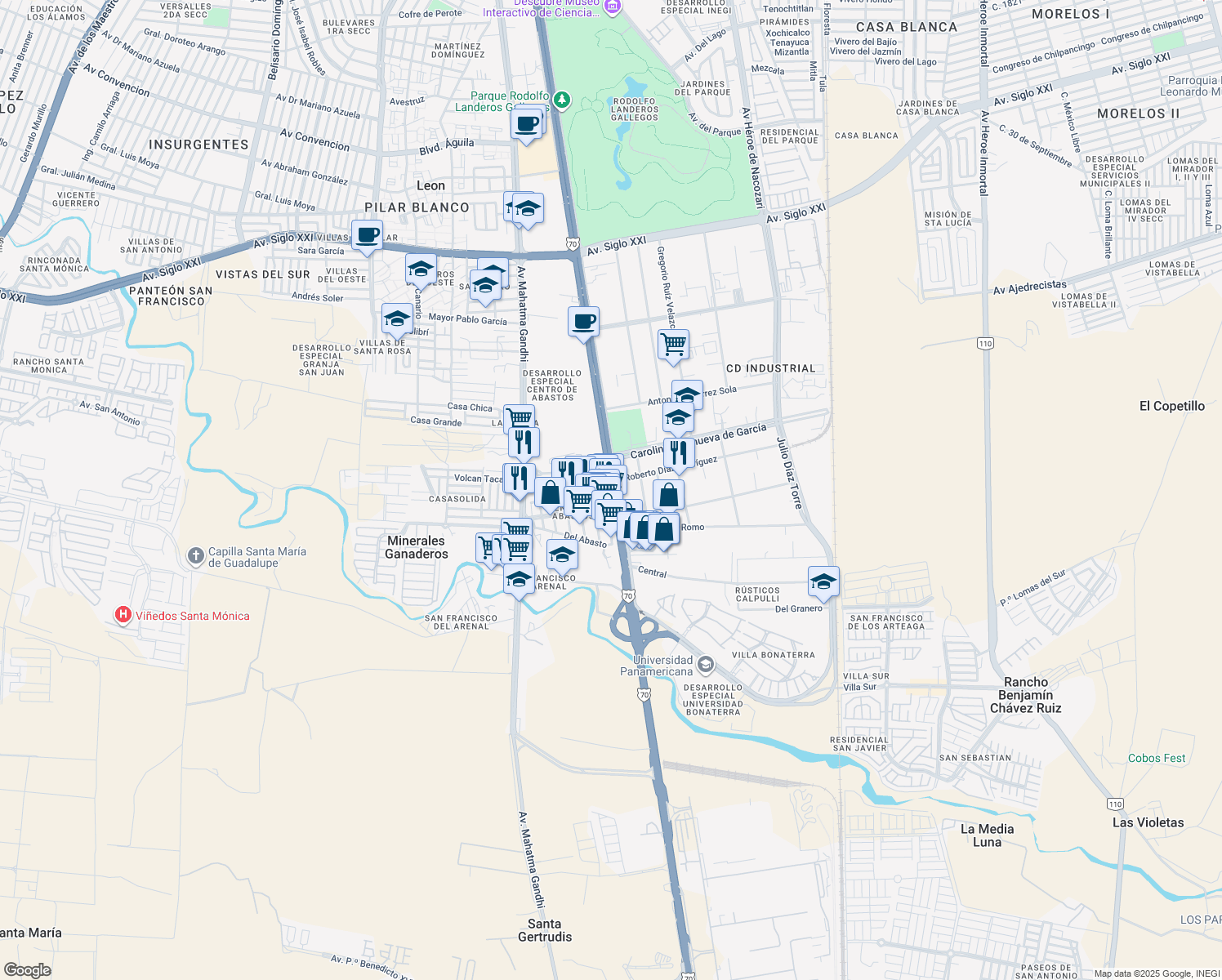 map of restaurants, bars, coffee shops, grocery stores, and more near León - Aguascalientes in Aguascalientes