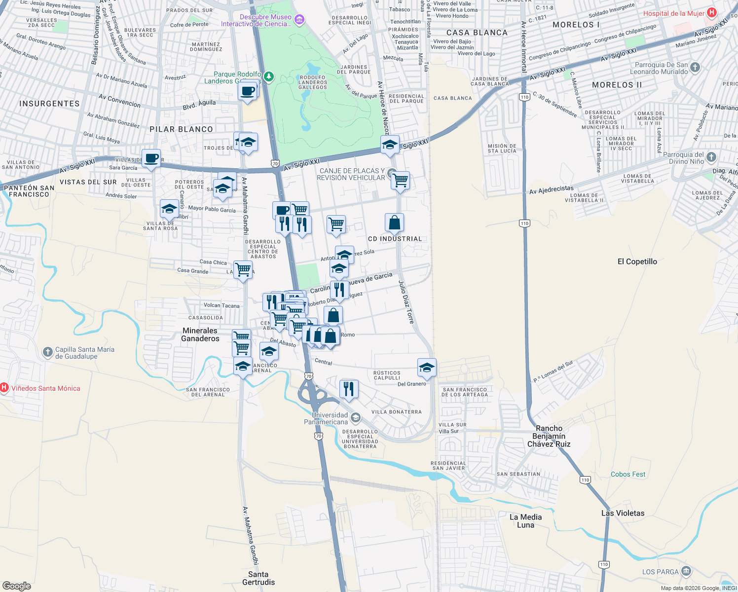 map of restaurants, bars, coffee shops, grocery stores, and more near 401 Roberto Díaz Rodríguez in Aguascalientes
