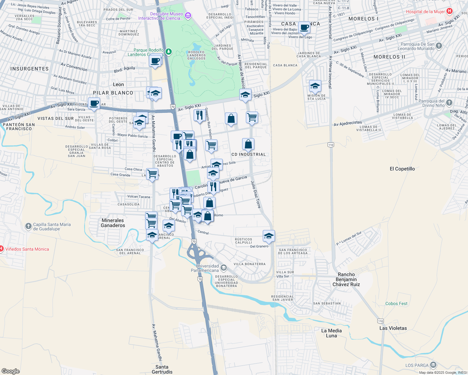 map of restaurants, bars, coffee shops, grocery stores, and more near 401 Roberto Díaz Rodríguez in Aguascalientes