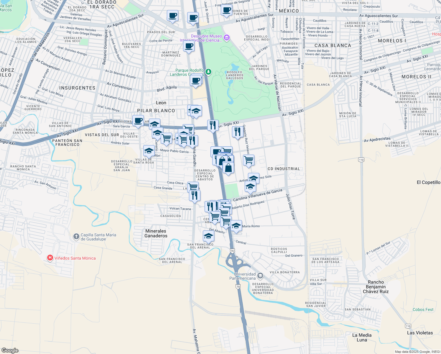 map of restaurants, bars, coffee shops, grocery stores, and more near León - Aguascalientes in Aguascalientes