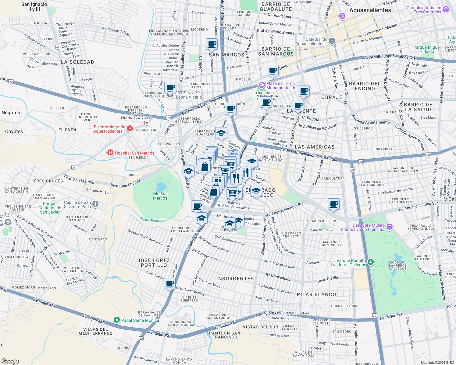 map of restaurants, bars, coffee shops, grocery stores, and more near 7 Profesor Enrique Olivares Santana in Aguascalientes