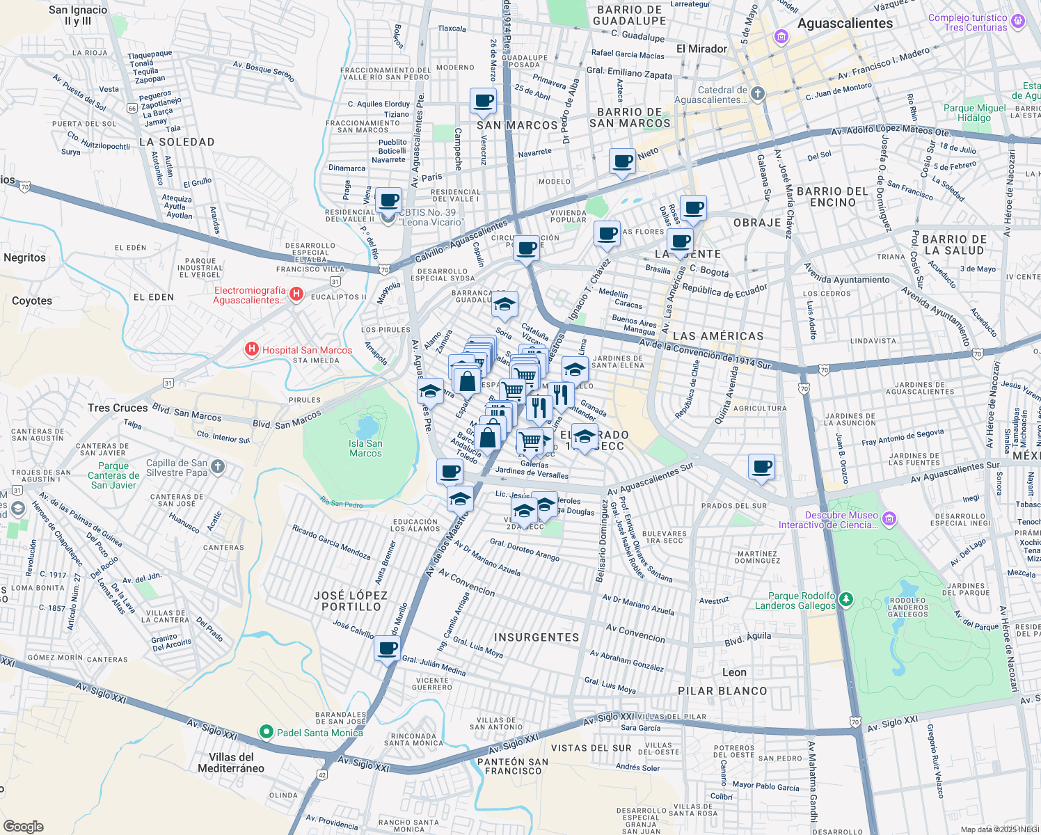 map of restaurants, bars, coffee shops, grocery stores, and more near 7 Profesor Enrique Olivares Santana in Aguascalientes