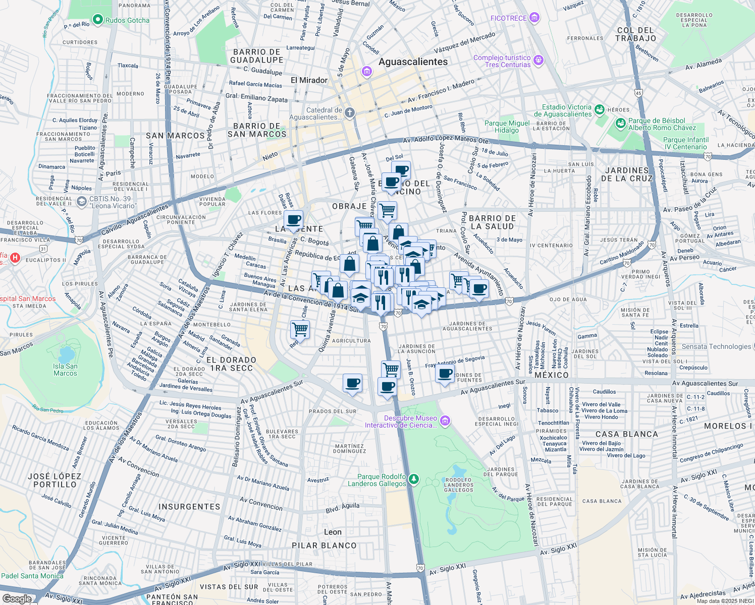 map of restaurants, bars, coffee shops, grocery stores, and more near 1215 Avenida José María Chávez in Aguascalientes