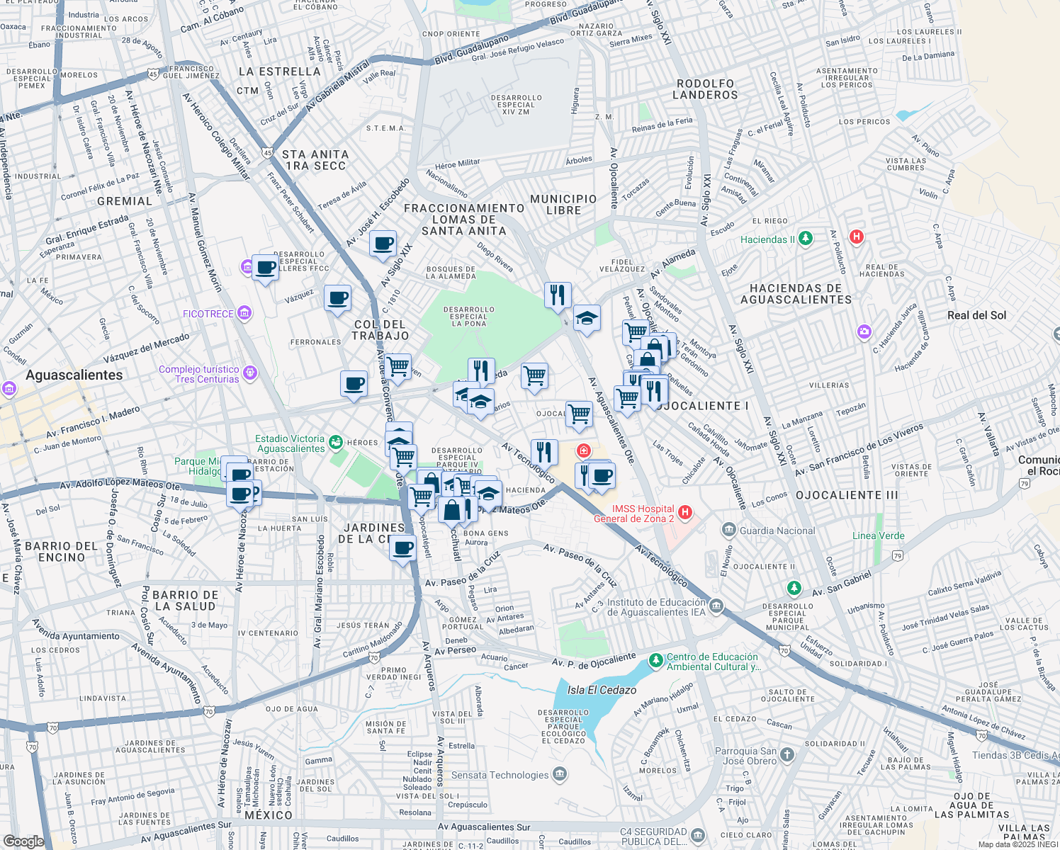 map of restaurants, bars, coffee shops, grocery stores, and more near 202 Avenida Ojocaliente in Aguascalientes