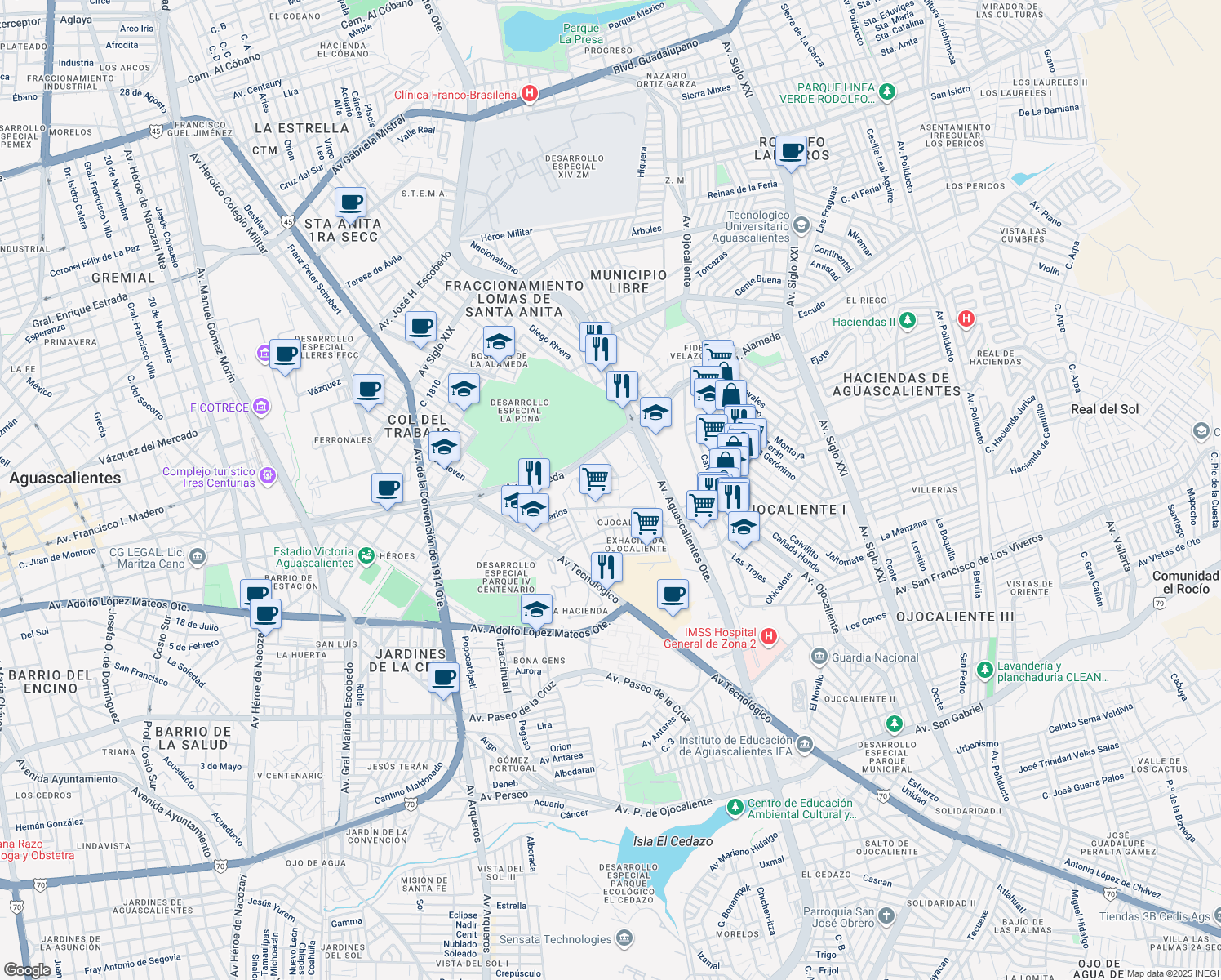 map of restaurants, bars, coffee shops, grocery stores, and more near Romulo Velasco Rodriguez in Aguascalientes