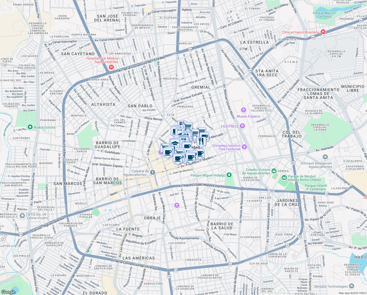 map of restaurants, bars, coffee shops, grocery stores, and more near in Aguascalientes