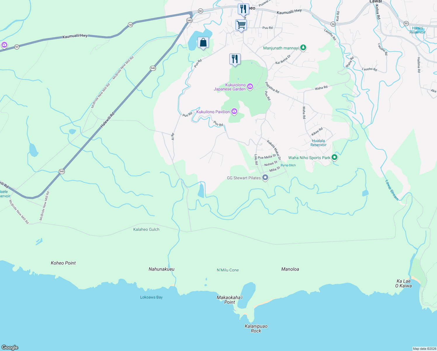 map of restaurants, bars, coffee shops, grocery stores, and more near in Kalaheo