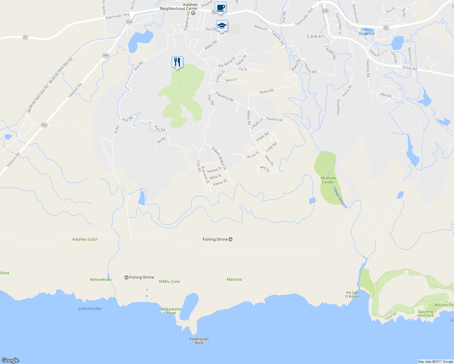 map of restaurants, bars, coffee shops, grocery stores, and more near 1173 Kaena Street in Kalaheo