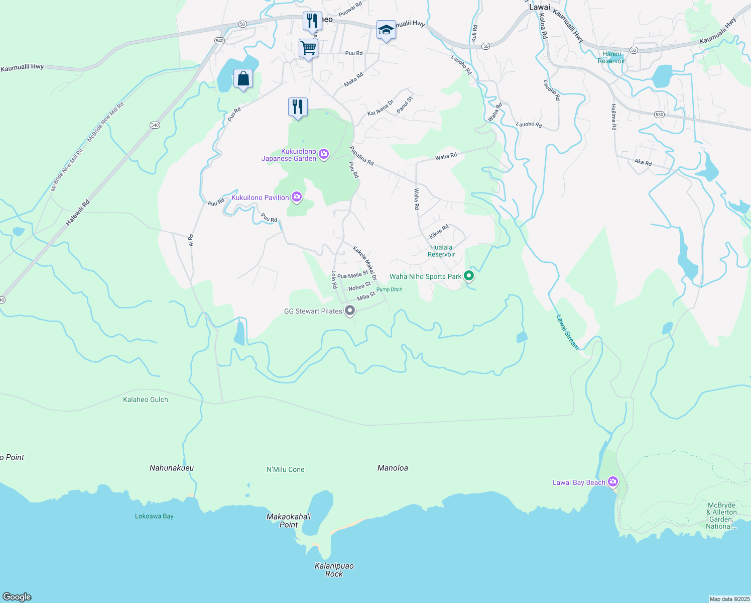 map of restaurants, bars, coffee shops, grocery stores, and more near 1173 Kaena Street in Kalaheo