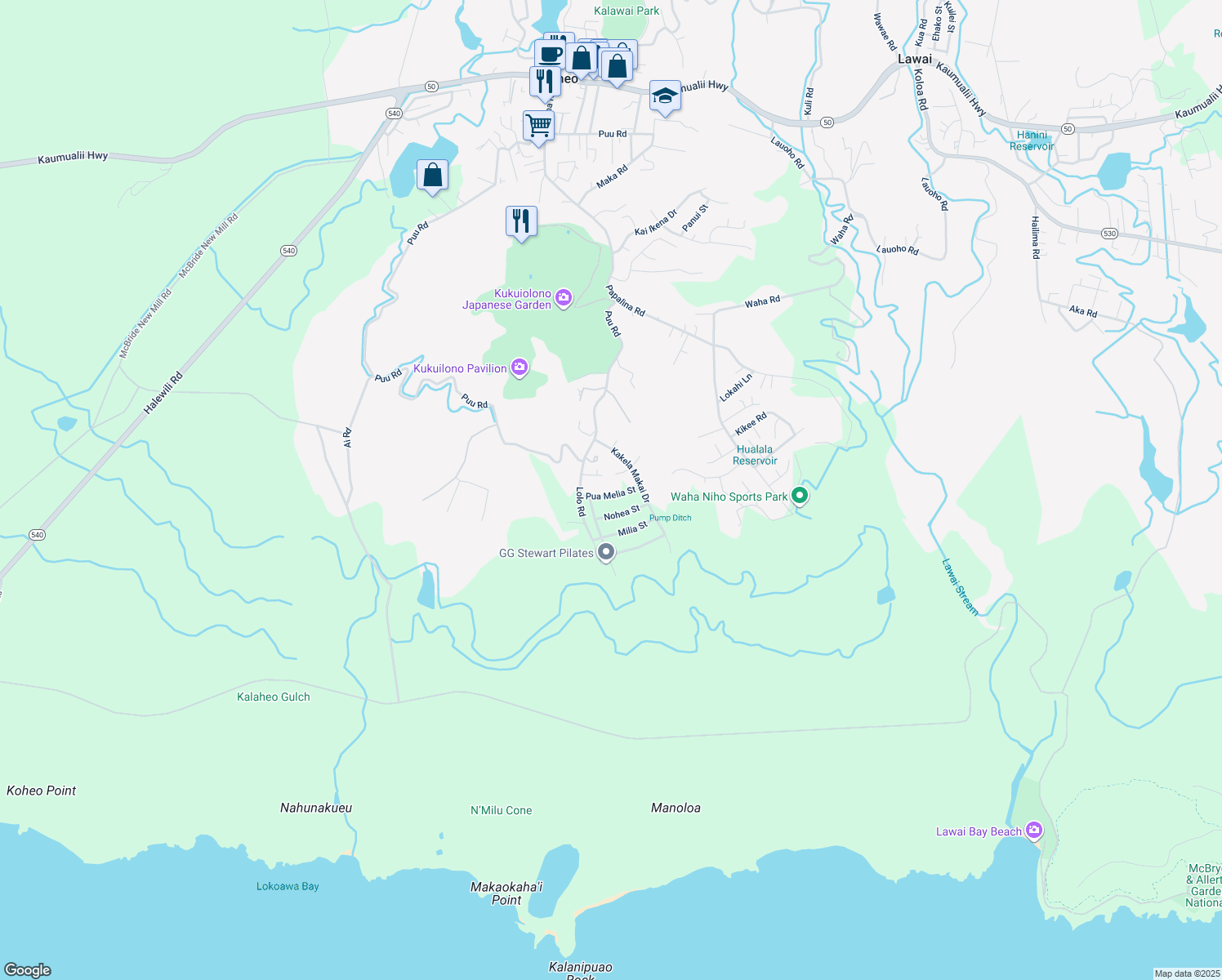 map of restaurants, bars, coffee shops, grocery stores, and more near 1206 Pua Melia Street in Kalaheo