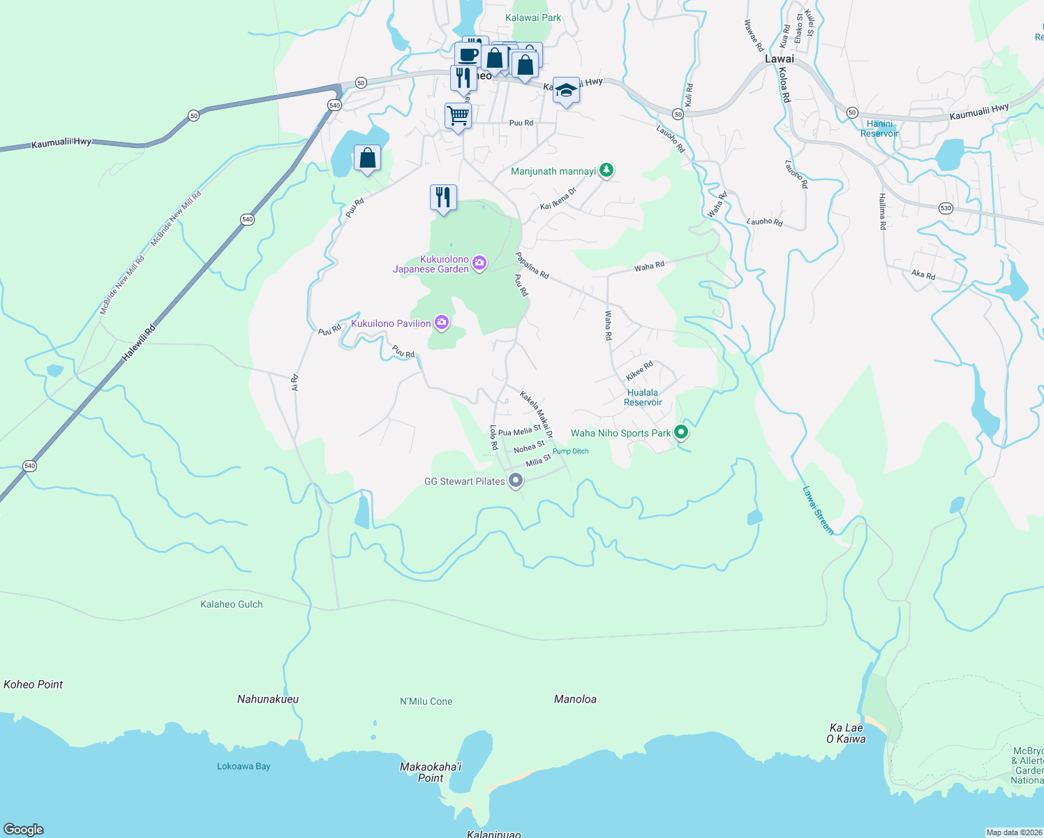 map of restaurants, bars, coffee shops, grocery stores, and more near 1169 Lani Nu'u Street in Kalaheo