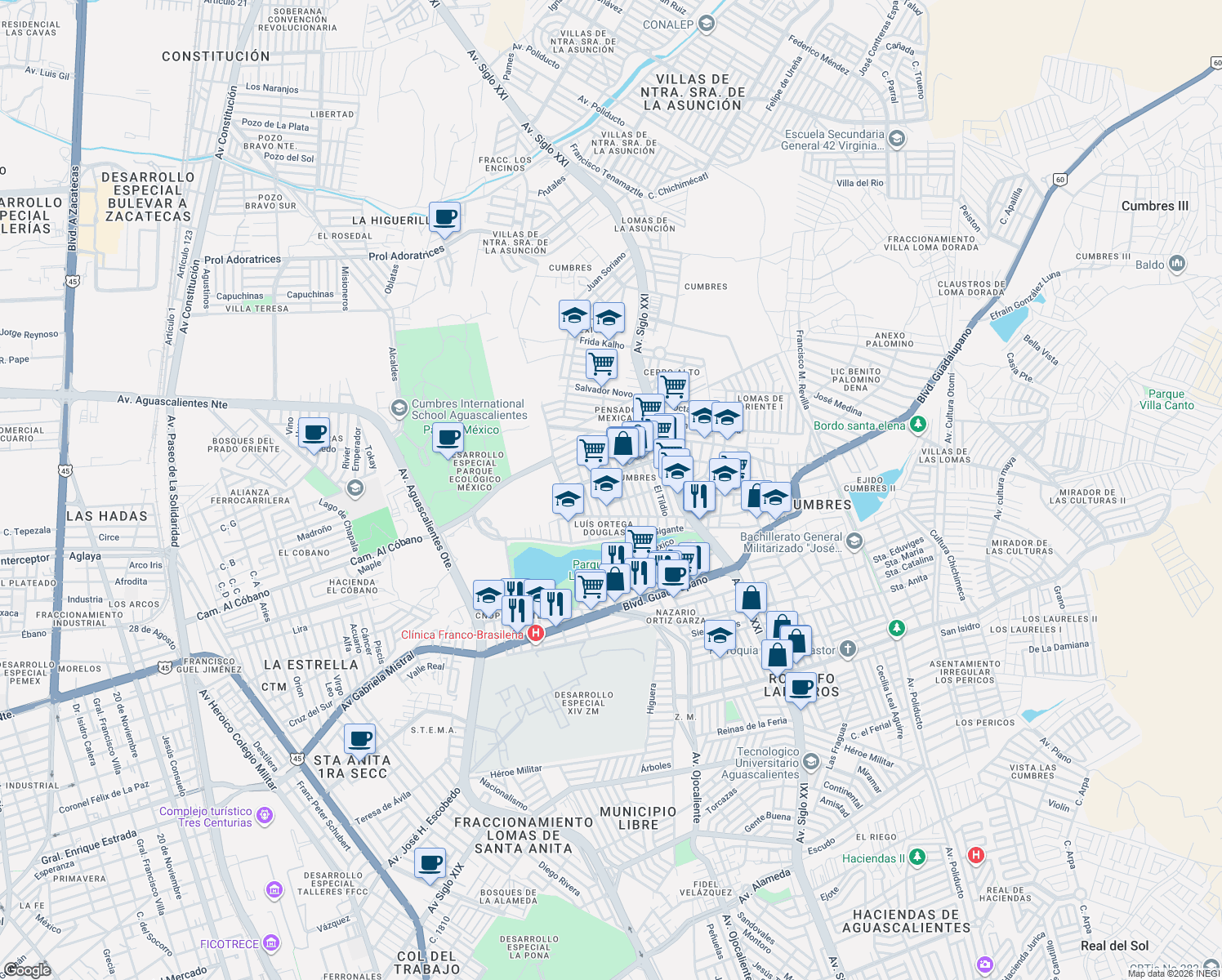 map of restaurants, bars, coffee shops, grocery stores, and more near in Aguascalientes