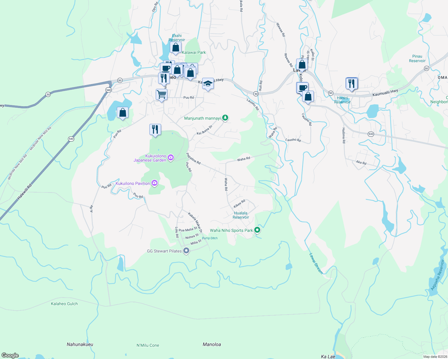 map of restaurants, bars, coffee shops, grocery stores, and more near 3829 Waha Road in Kalaheo