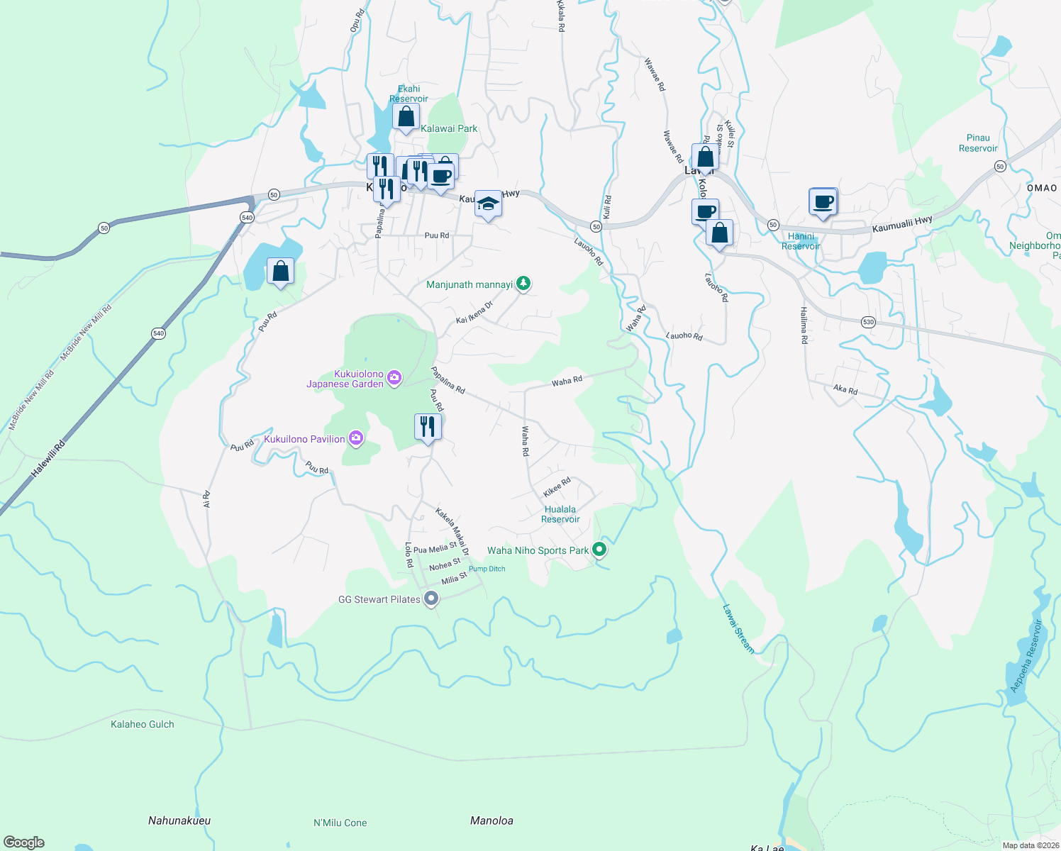 map of restaurants, bars, coffee shops, grocery stores, and more near 3829 Waha Road in Kalaheo
