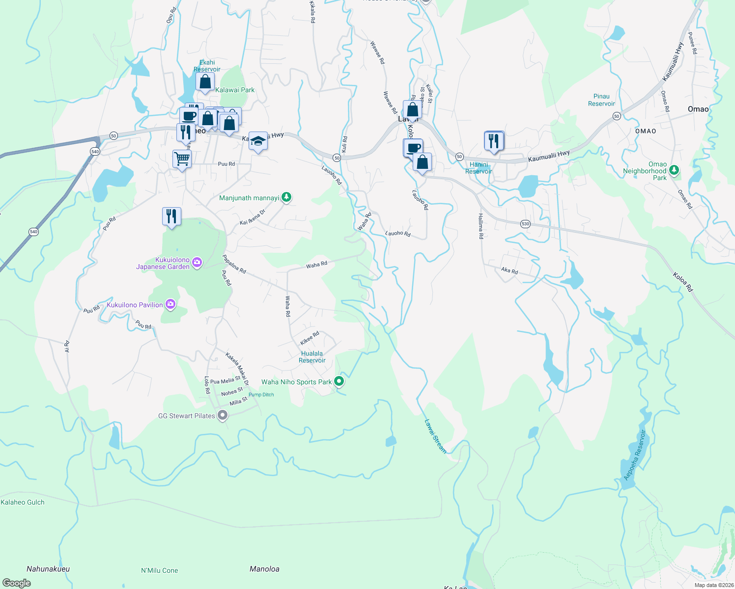 map of restaurants, bars, coffee shops, grocery stores, and more near 4114J Waha Road in Kalaheo