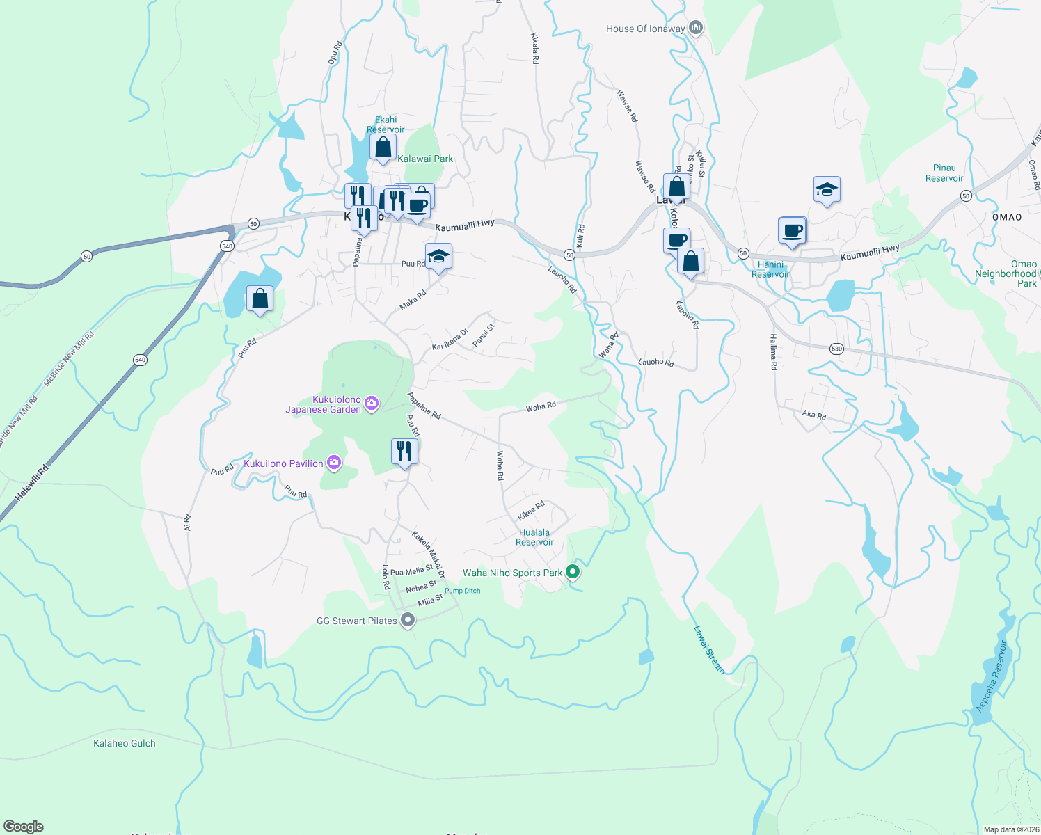 map of restaurants, bars, coffee shops, grocery stores, and more near 3936A Waha Road in Kalaheo