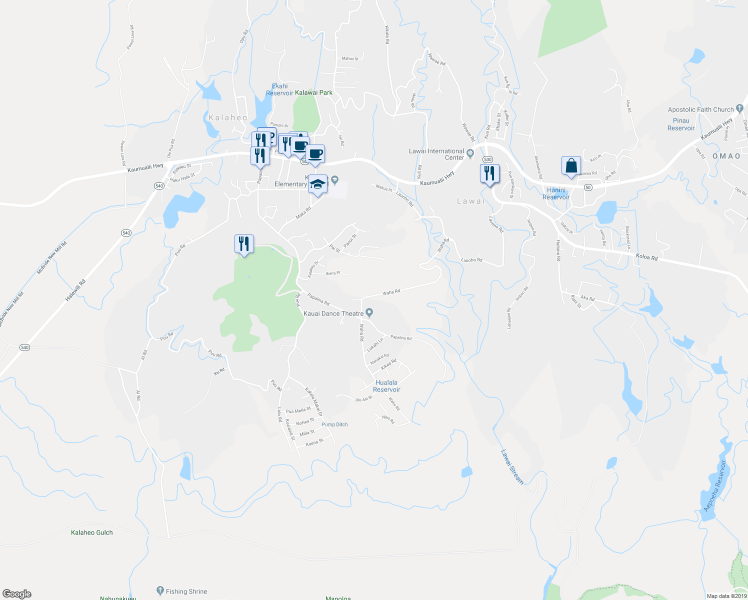 map of restaurants, bars, coffee shops, grocery stores, and more near 3936A Waha Road in Kalaheo