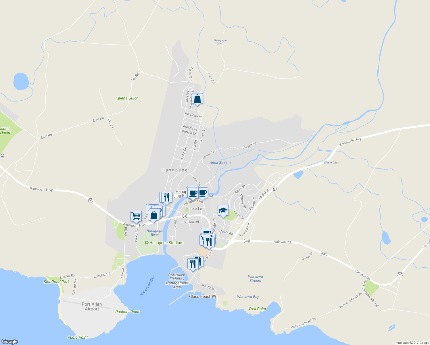 map of restaurants, bars, coffee shops, grocery stores, and more near 3757 Alahula Road in Hanapepe