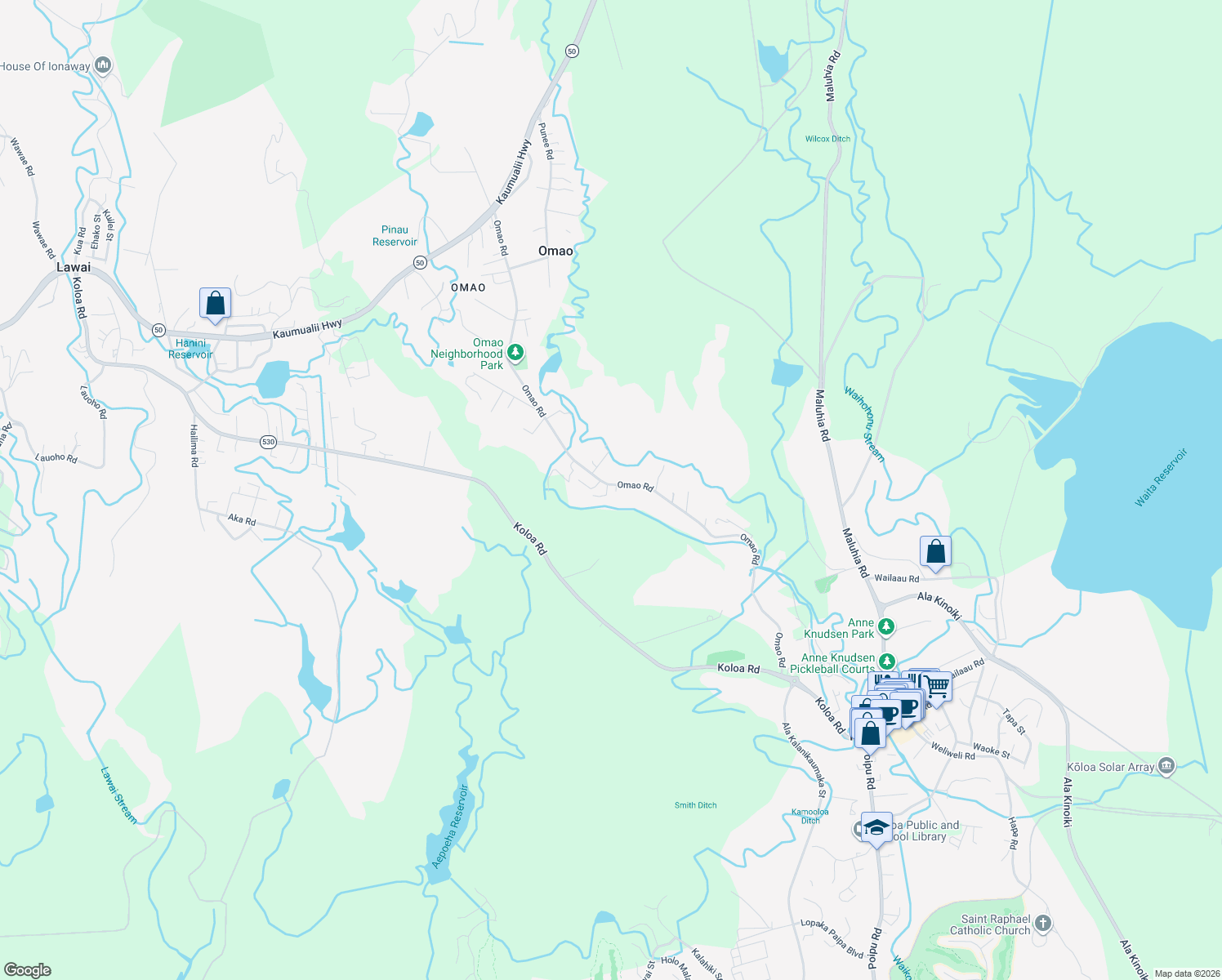 map of restaurants, bars, coffee shops, grocery stores, and more near 3867 Omao Road in Koloa