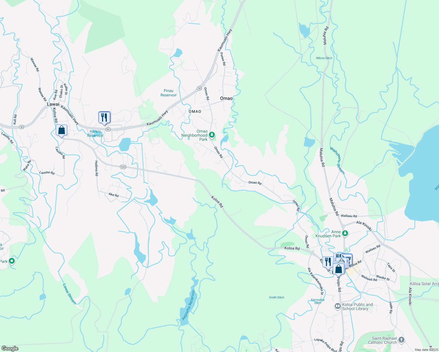 map of restaurants, bars, coffee shops, grocery stores, and more near 3989 Omao Road in Koloa