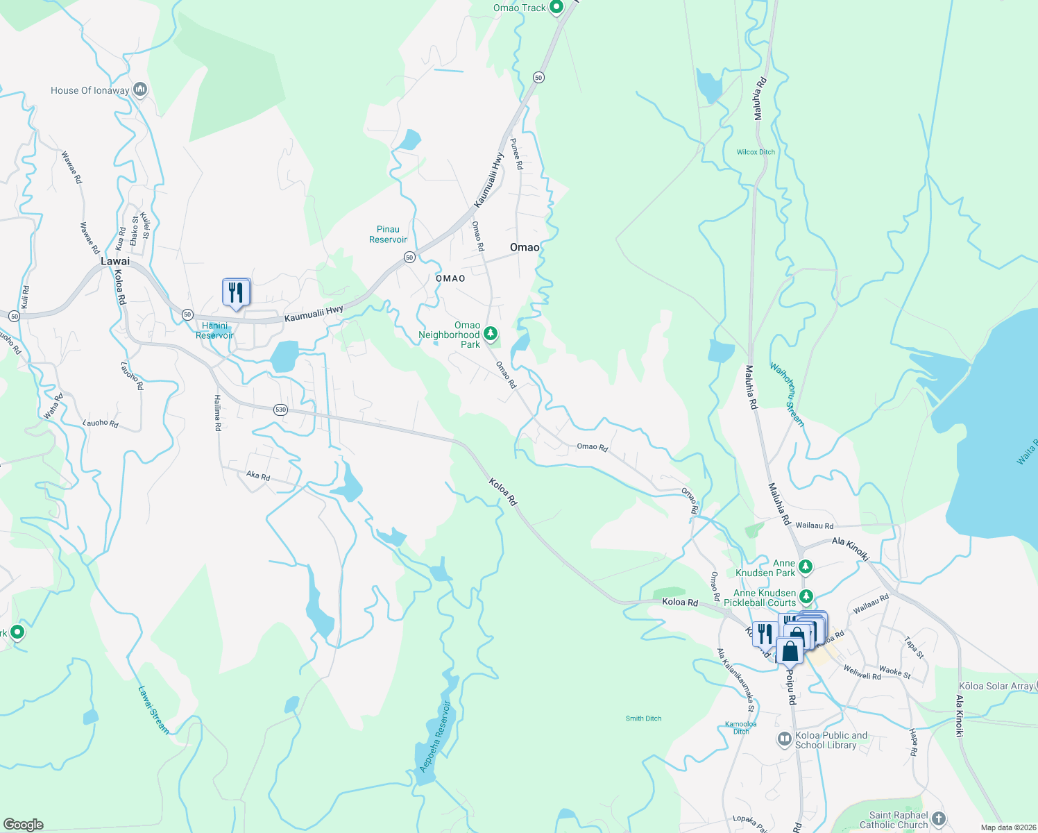 map of restaurants, bars, coffee shops, grocery stores, and more near 3989 Omao Road in Koloa