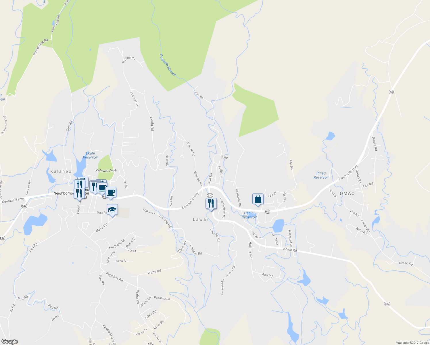 map of restaurants, bars, coffee shops, grocery stores, and more near 4573 Ehako Street in Kalaheo