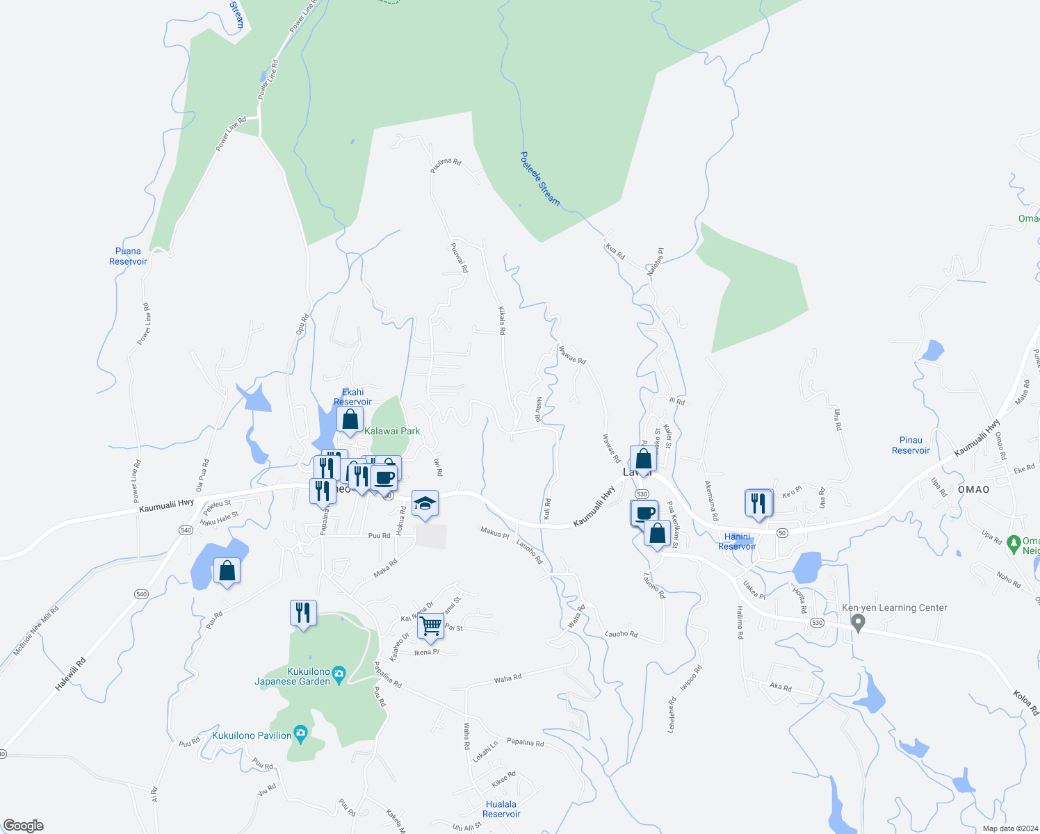 map of restaurants, bars, coffee shops, grocery stores, and more near 3000 Wawae Road in Kalaheo