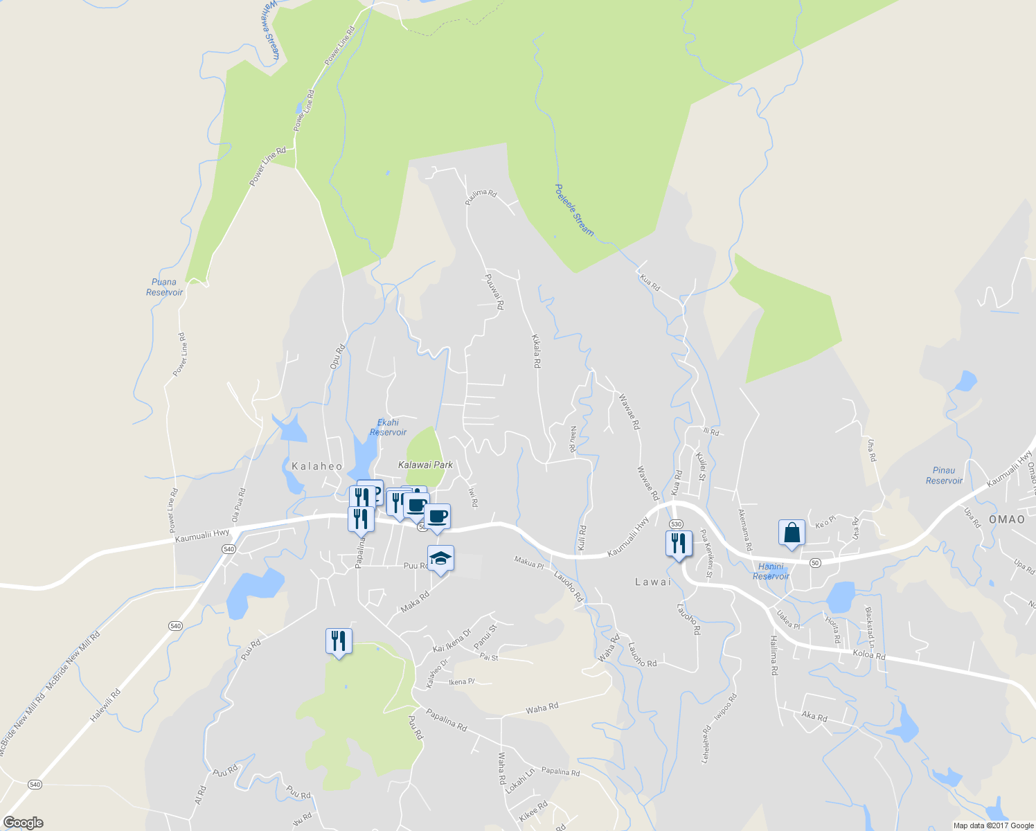 map of restaurants, bars, coffee shops, grocery stores, and more near 4847D Kikala Road in Kalaheo