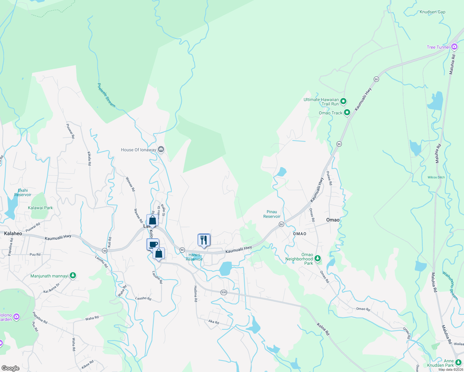 map of restaurants, bars, coffee shops, grocery stores, and more near 4690 Uha Road in Lawai