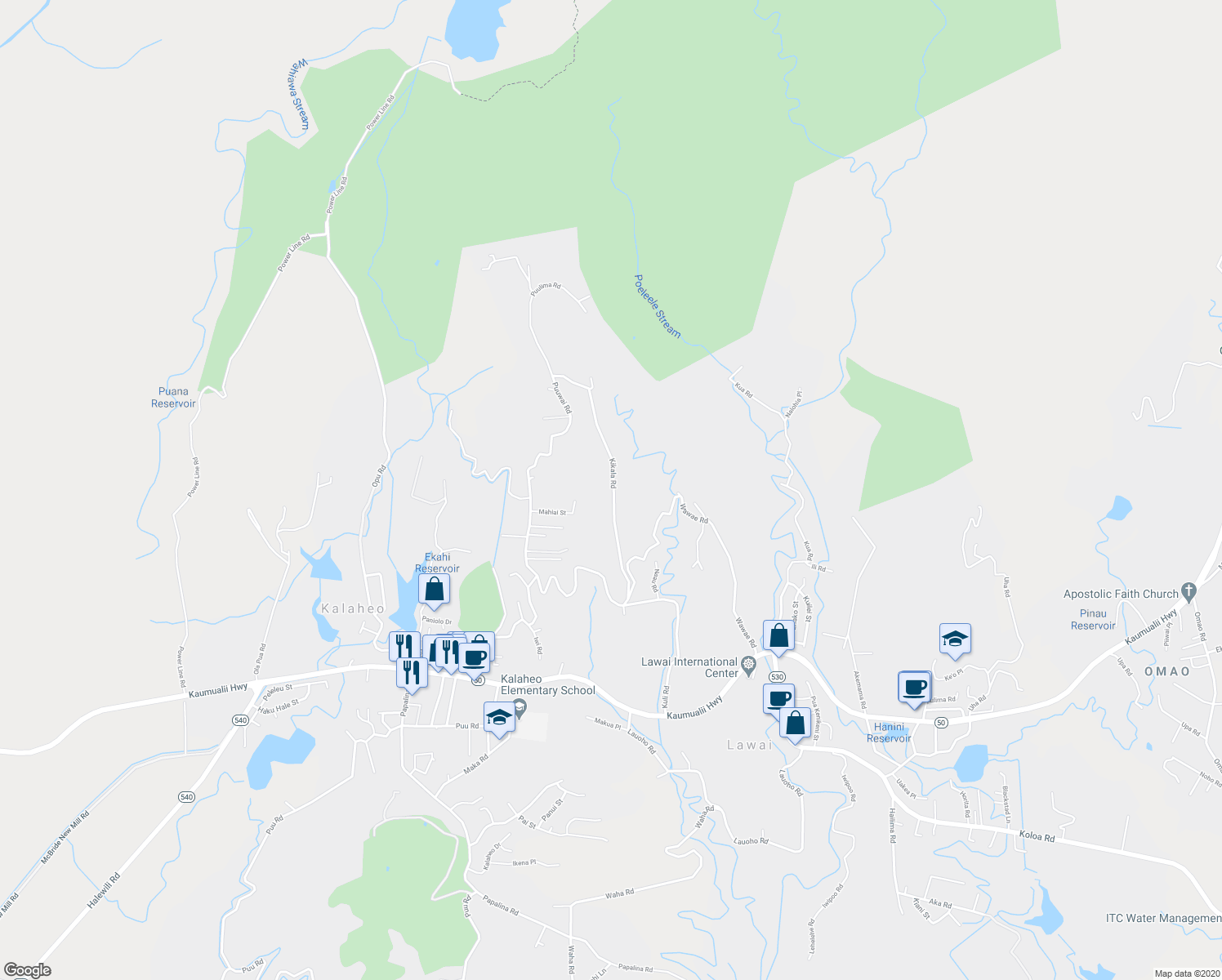 map of restaurants, bars, coffee shops, grocery stores, and more near 4961 Kikala Road in Kalaheo
