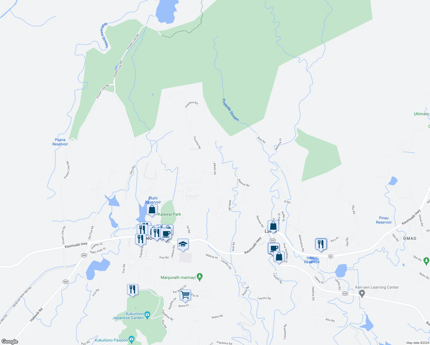 map of restaurants, bars, coffee shops, grocery stores, and more near Kikala Road in Kalaheo