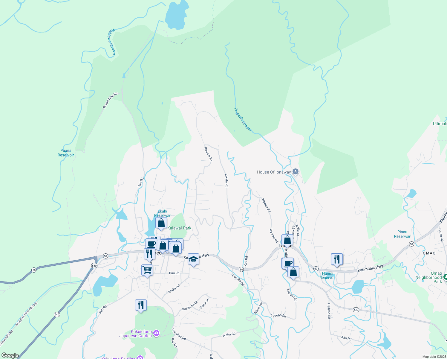 map of restaurants, bars, coffee shops, grocery stores, and more near 5041 Kikala Road in Kalaheo