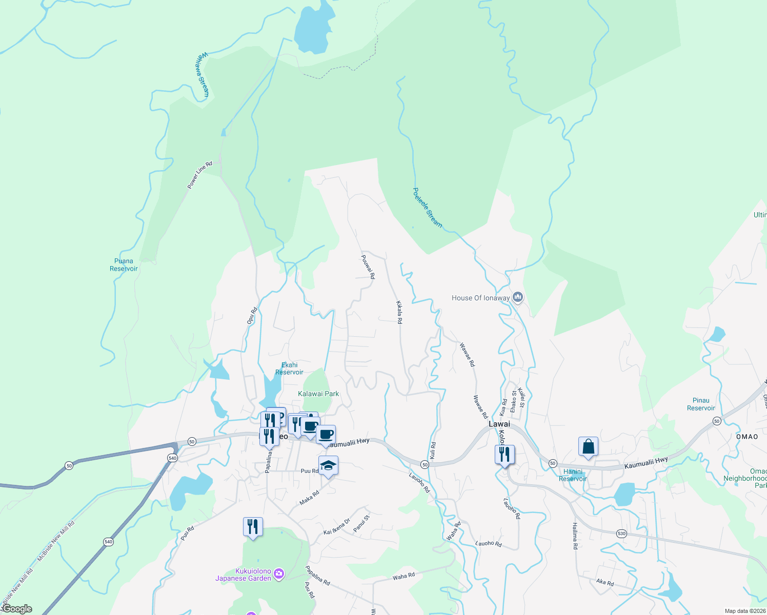 map of restaurants, bars, coffee shops, grocery stores, and more near 5041 Kikala Road in Kalaheo