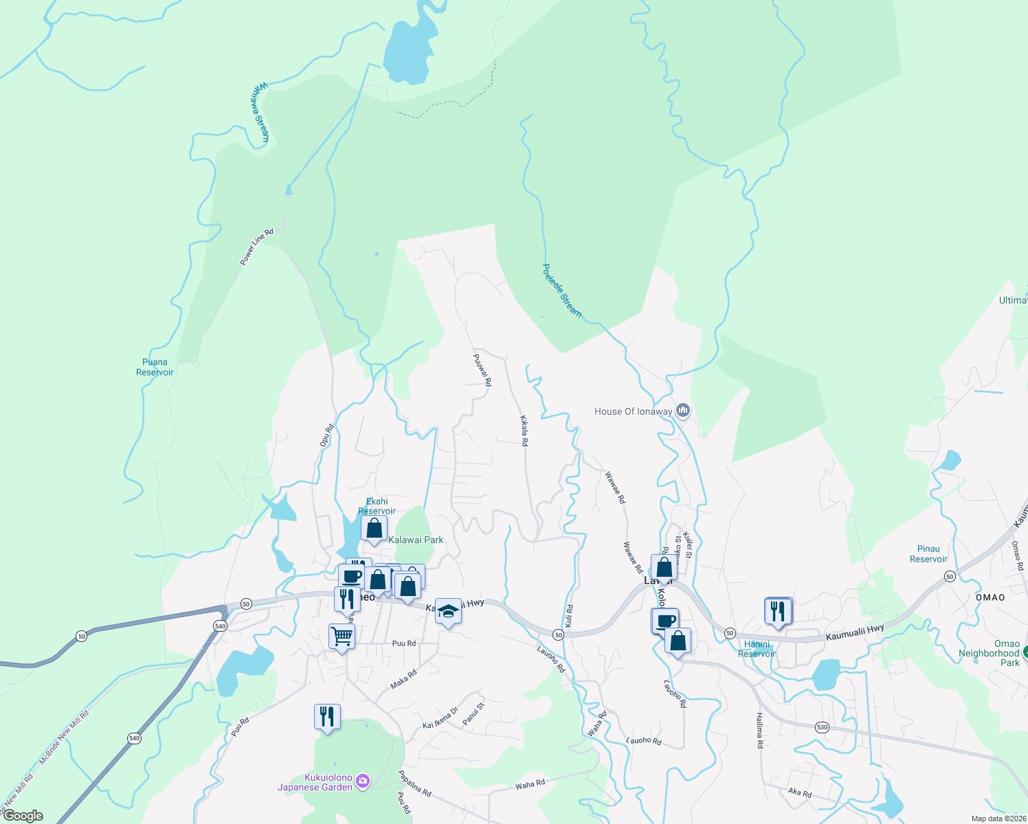 map of restaurants, bars, coffee shops, grocery stores, and more near 5041 Kikala Road in Kalaheo
