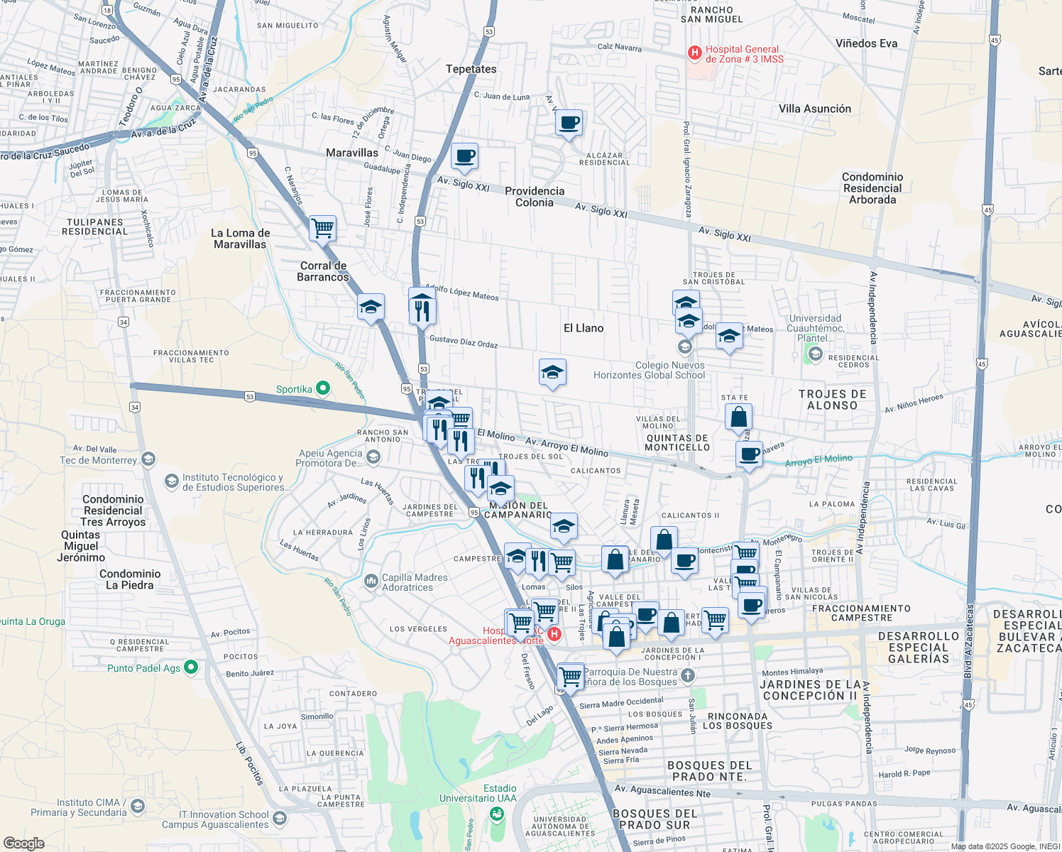 map of restaurants, bars, coffee shops, grocery stores, and more near 104 Privada Carretas in Aguascalientes