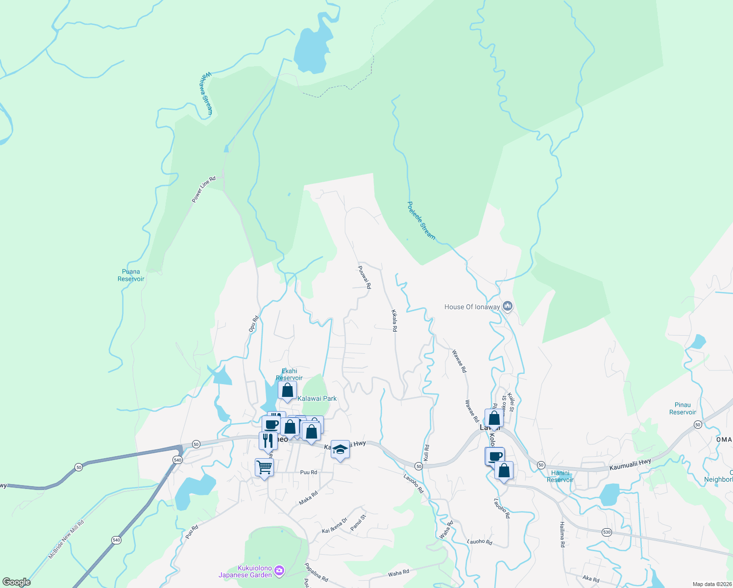 map of restaurants, bars, coffee shops, grocery stores, and more near 5075 Puuwai Road in Kalaheo
