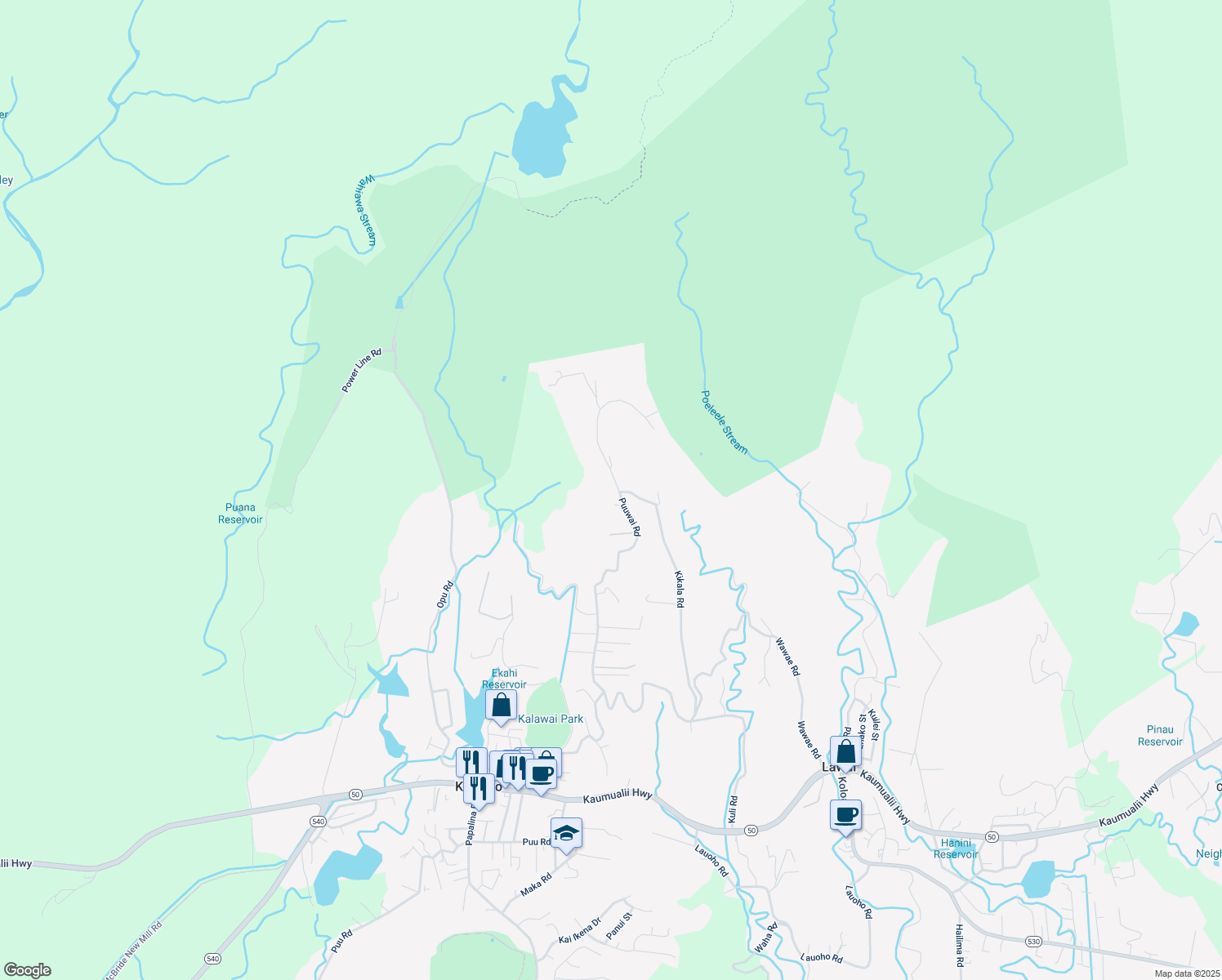 map of restaurants, bars, coffee shops, grocery stores, and more near 5225 Puuwai Road in Kalaheo