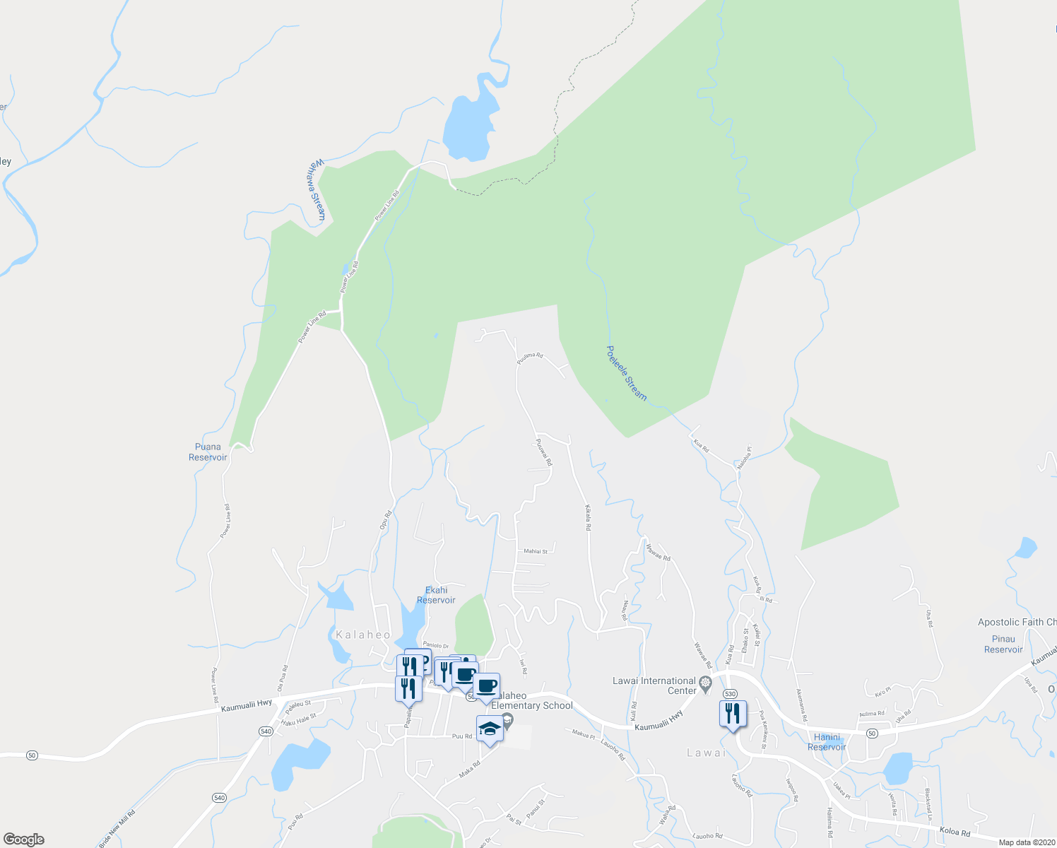 map of restaurants, bars, coffee shops, grocery stores, and more near 5225 Puuwai Road in Kalaheo