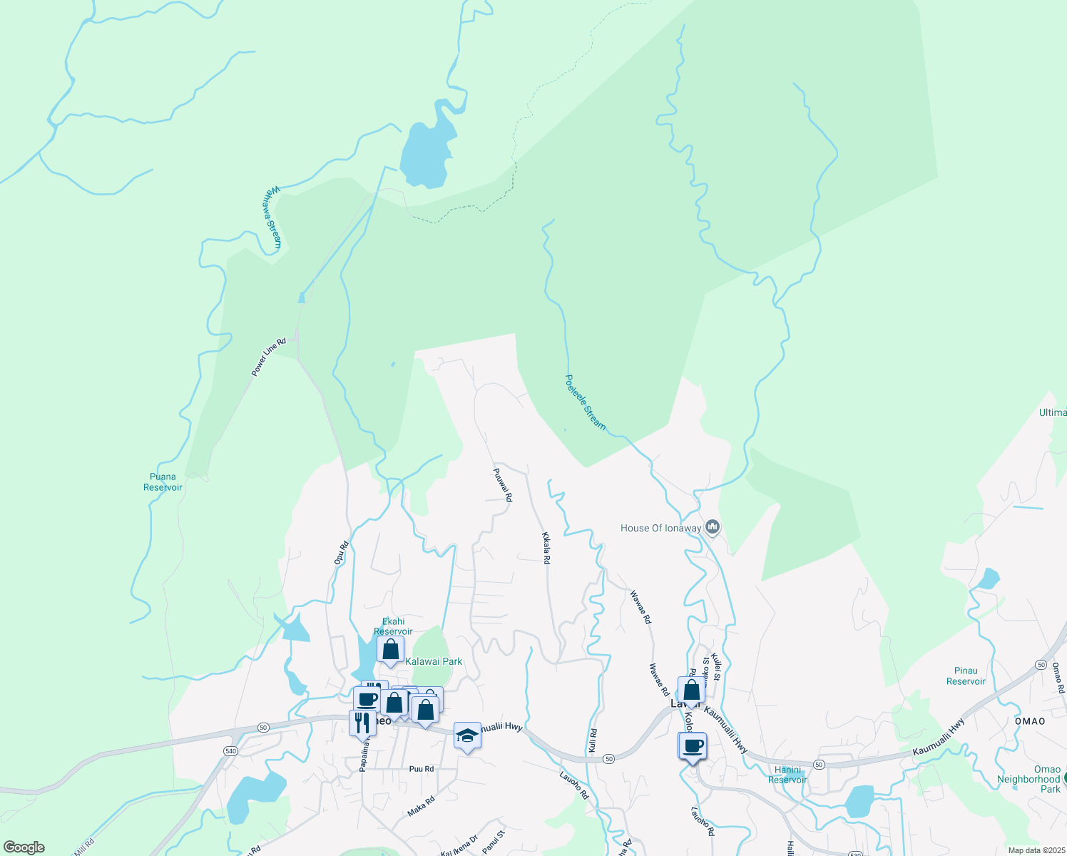 map of restaurants, bars, coffee shops, grocery stores, and more near 5498A Puulima Road in Kalaheo