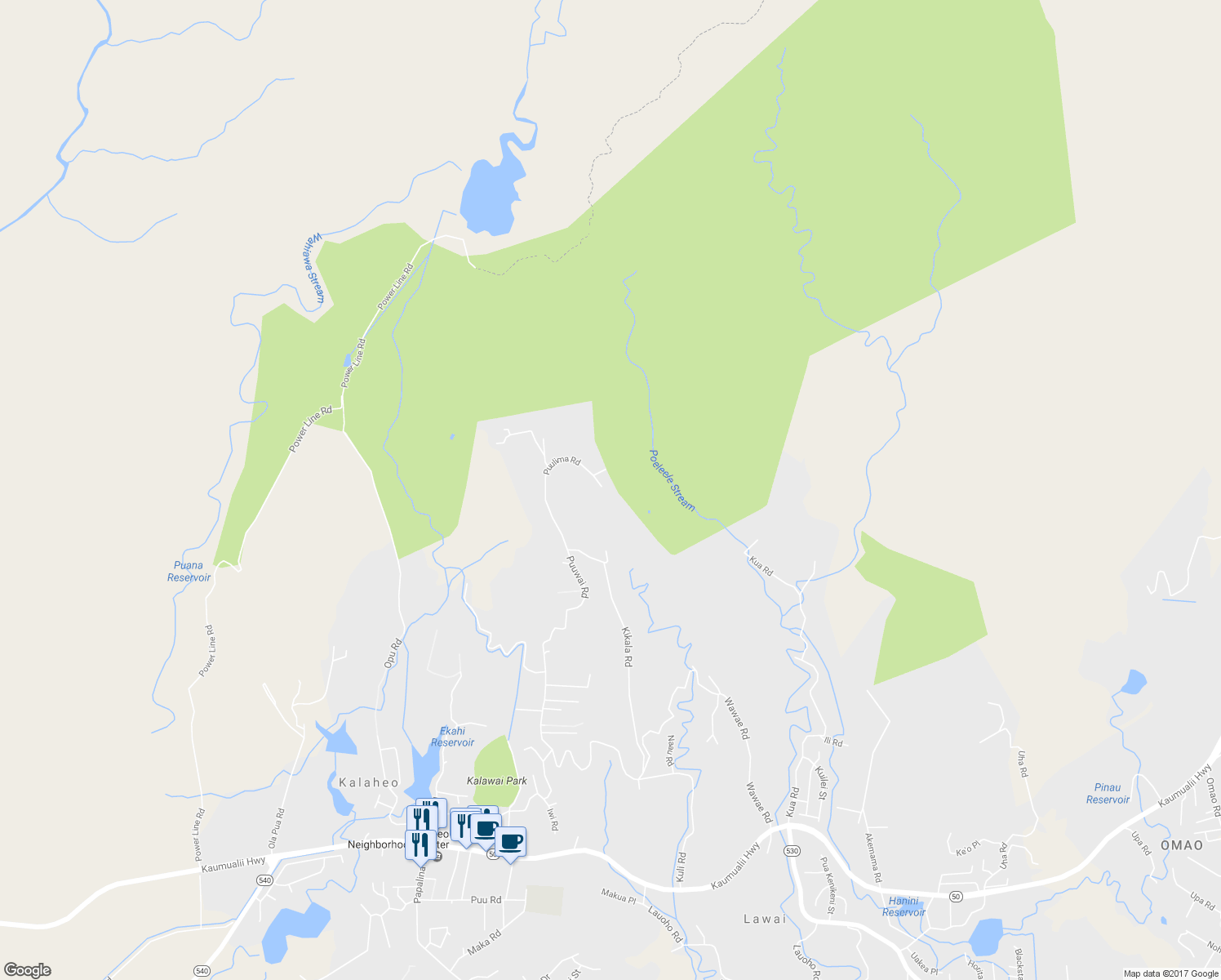 map of restaurants, bars, coffee shops, grocery stores, and more near 5489 Puulima Road in Kalaheo