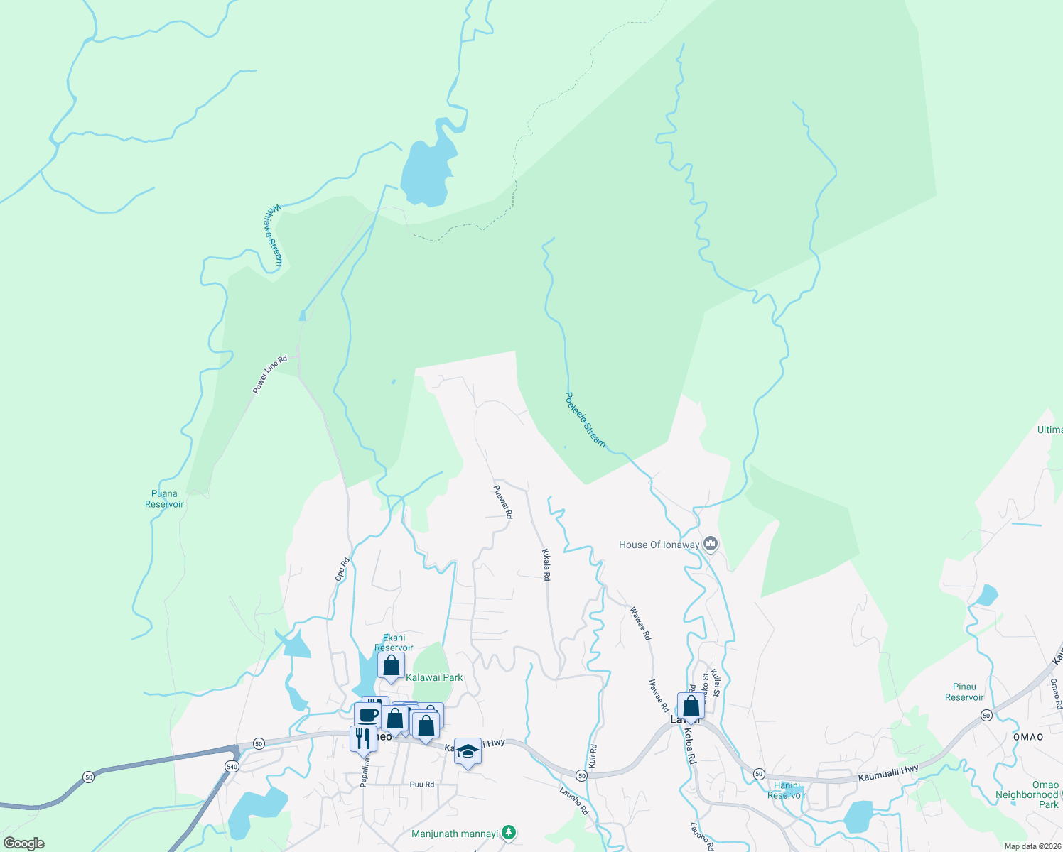 map of restaurants, bars, coffee shops, grocery stores, and more near 5489 Puulima Road in Kalaheo