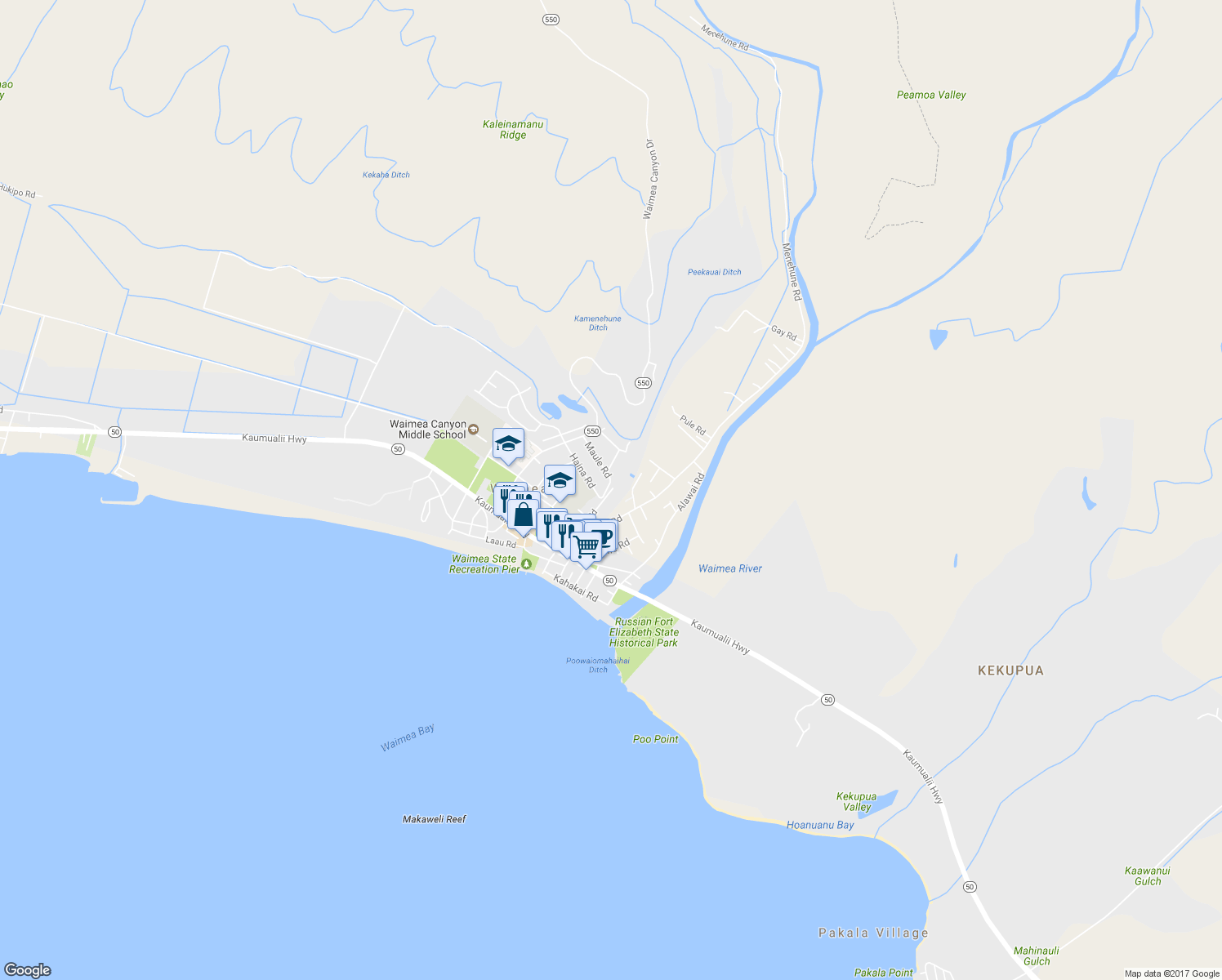map of restaurants, bars, coffee shops, grocery stores, and more near 4600 Ola Road in Waimea