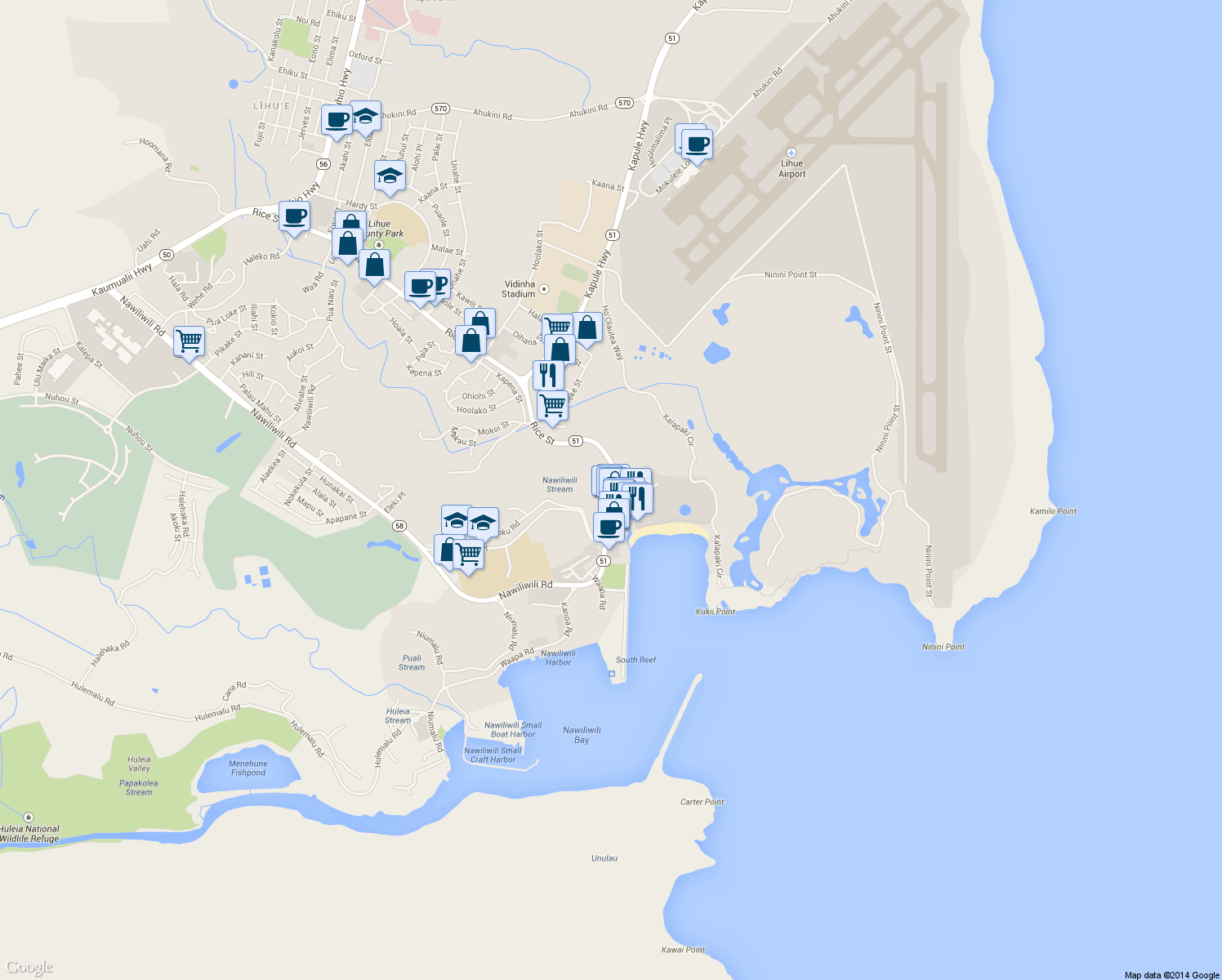 map of restaurants, bars, coffee shops, grocery stores, and more near 3551A Rice Street in Lihue