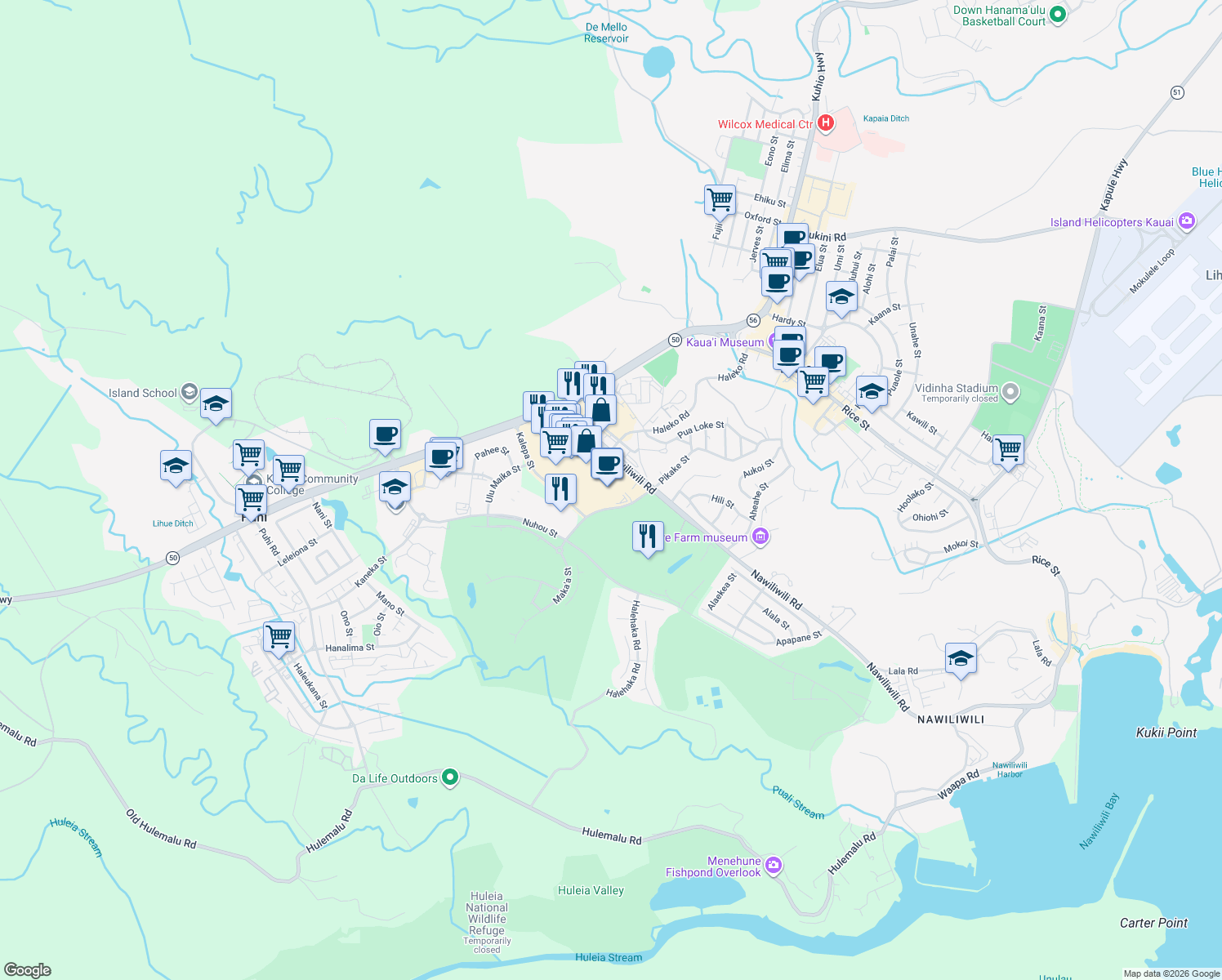 map of restaurants, bars, coffee shops, grocery stores, and more near 4151 Nawiliwili Rd in Lihue
